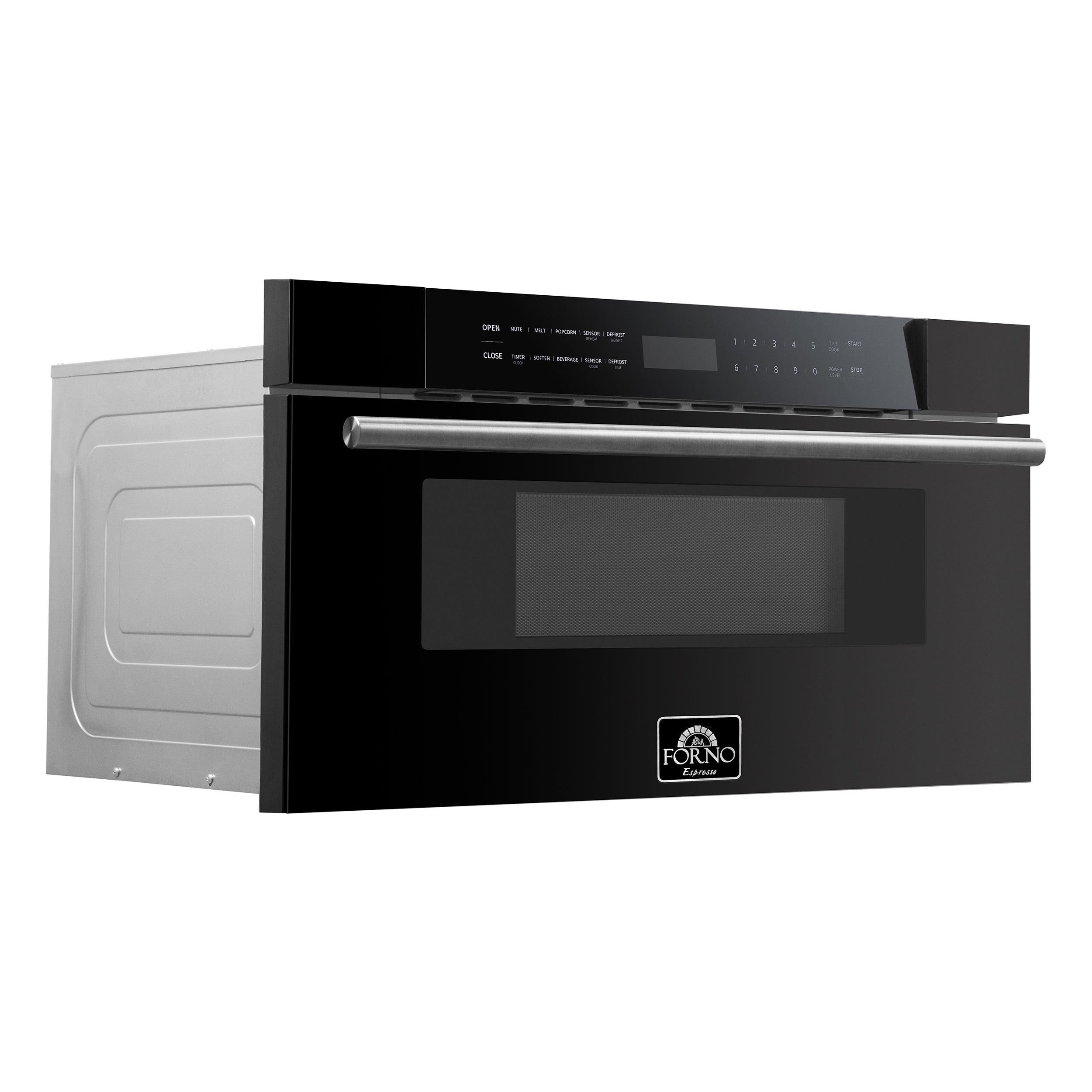 Black microwave drawer with stainless steel handle, closed door and control panel.