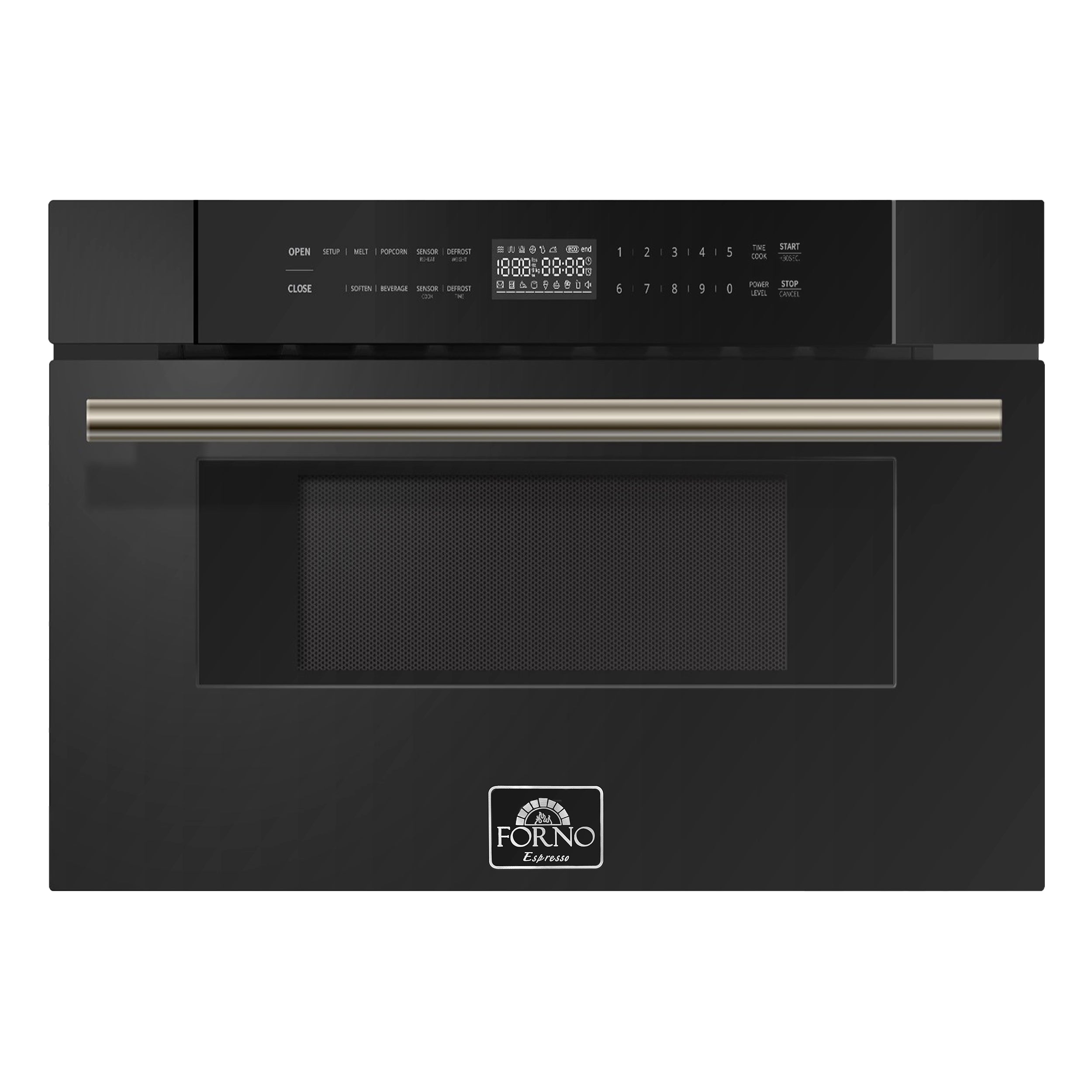 Black microwave drawer with control panel and antique brass handle trim