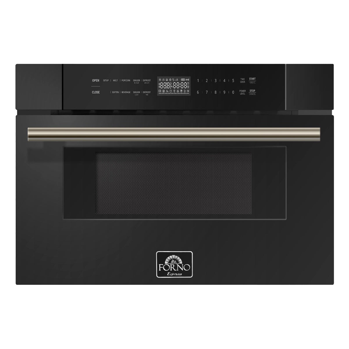 Black microwave drawer with digital control panel and Forno logo