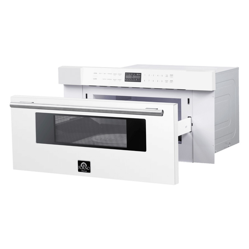 Forno Galiano 5-Piece Appliance Package - 36-Inch Gas Range, 36-Inch Hood, 36-Inch Refrigerator, 24-Inch Dishwasher, & 30-Inch Microwave Oven in White with Antique Brass Trim