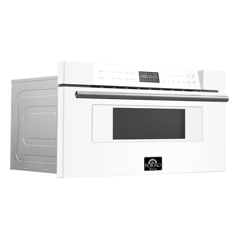Forno Antico 5-Piece Appliance Package - 36-Inch Dual Fuel Range, 36-Inch Hood, 36-Inch Refrigerator, 24-Inch Dishwasher, & 30-Inch Microwave Oven in White with Antique Brass Trim