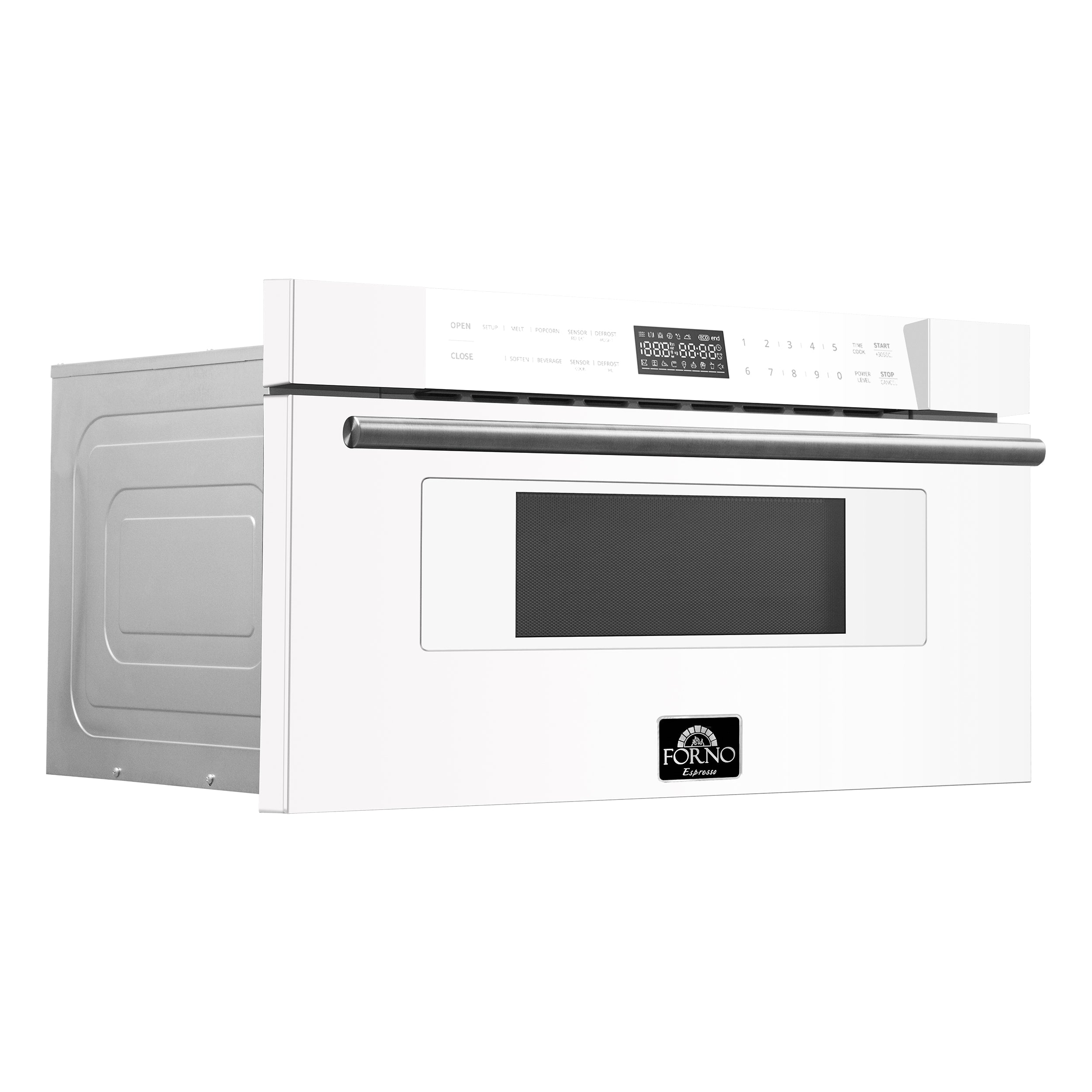 White microwave drawer front with stainless handle and black display window