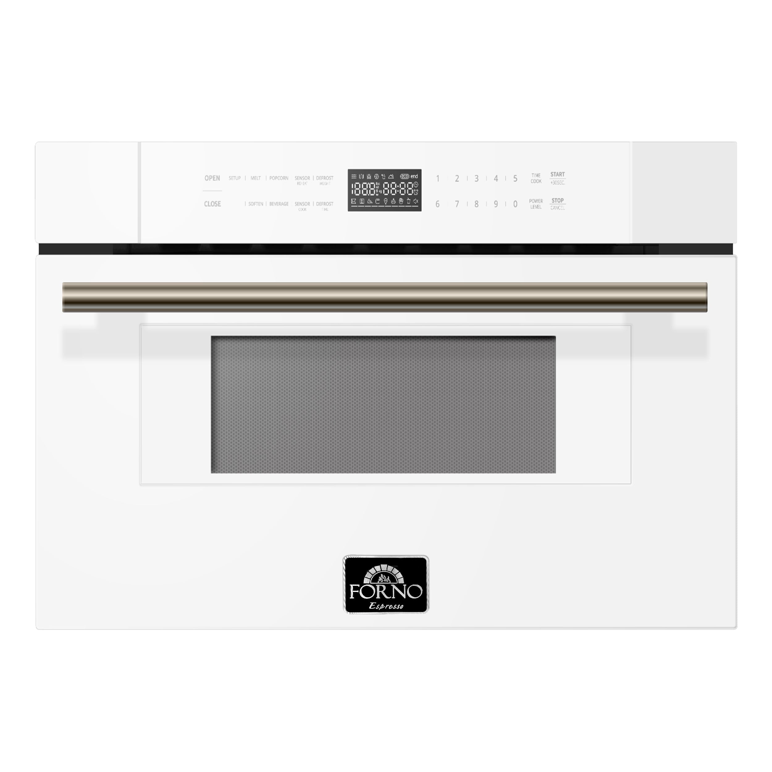 White microwave drawer front with antique brass handle and control panel