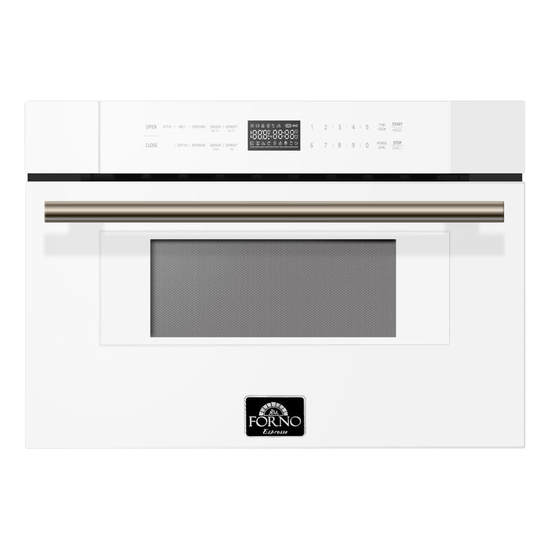 Forno 5-Piece Appliance Package - 30-Inch Gas Range, Under Cabinet Range Hood, Refrigerator, Dishwasher, and 30-Inch Microwave Drawer in White with Antique Brass Trim