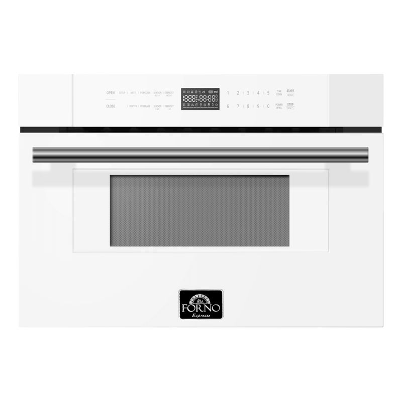 Forno Antico 5-Piece Appliance Package - 48-Inch Dual Fuel Range, 48-Inch Hood, 36-Inch Refrigerator, 24-Inch Dishwasher, & 30-Inch Microwave Oven in White with Antique Brass Trim