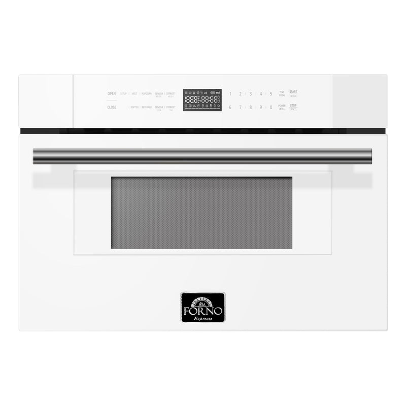 Forno 4-Piece Appliance Package - 36-Inch Dual Fuel Range, 60-Inch Refrigerator, Dishwasher, & 30-Inch Microwave Drawer in White with Antique Brass Handle