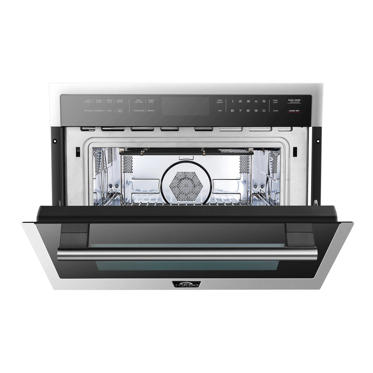 Forno built-in microwave oven with open door, stainless front and visible turntable inside