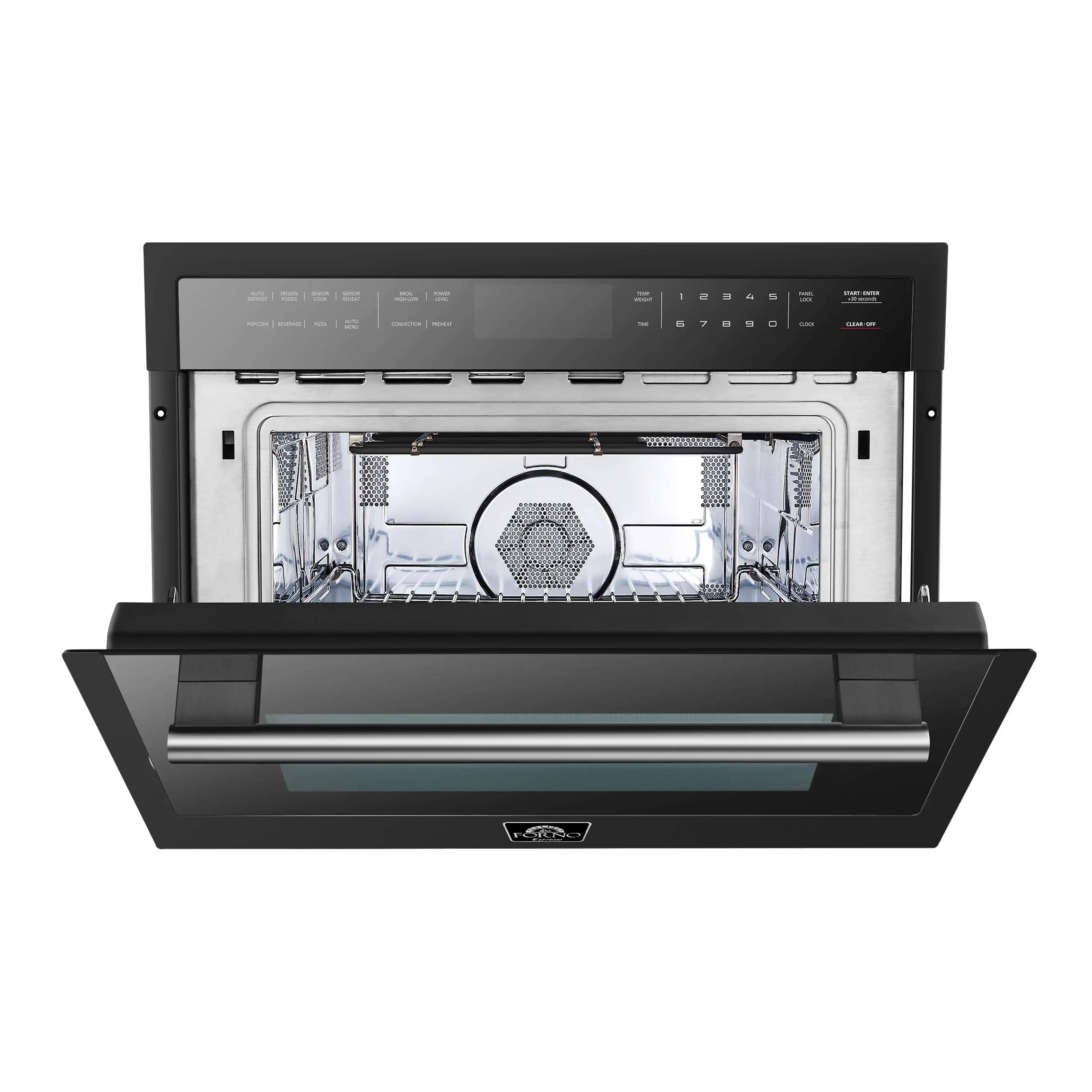 Open black oven showing racks and central vent inside the cavity