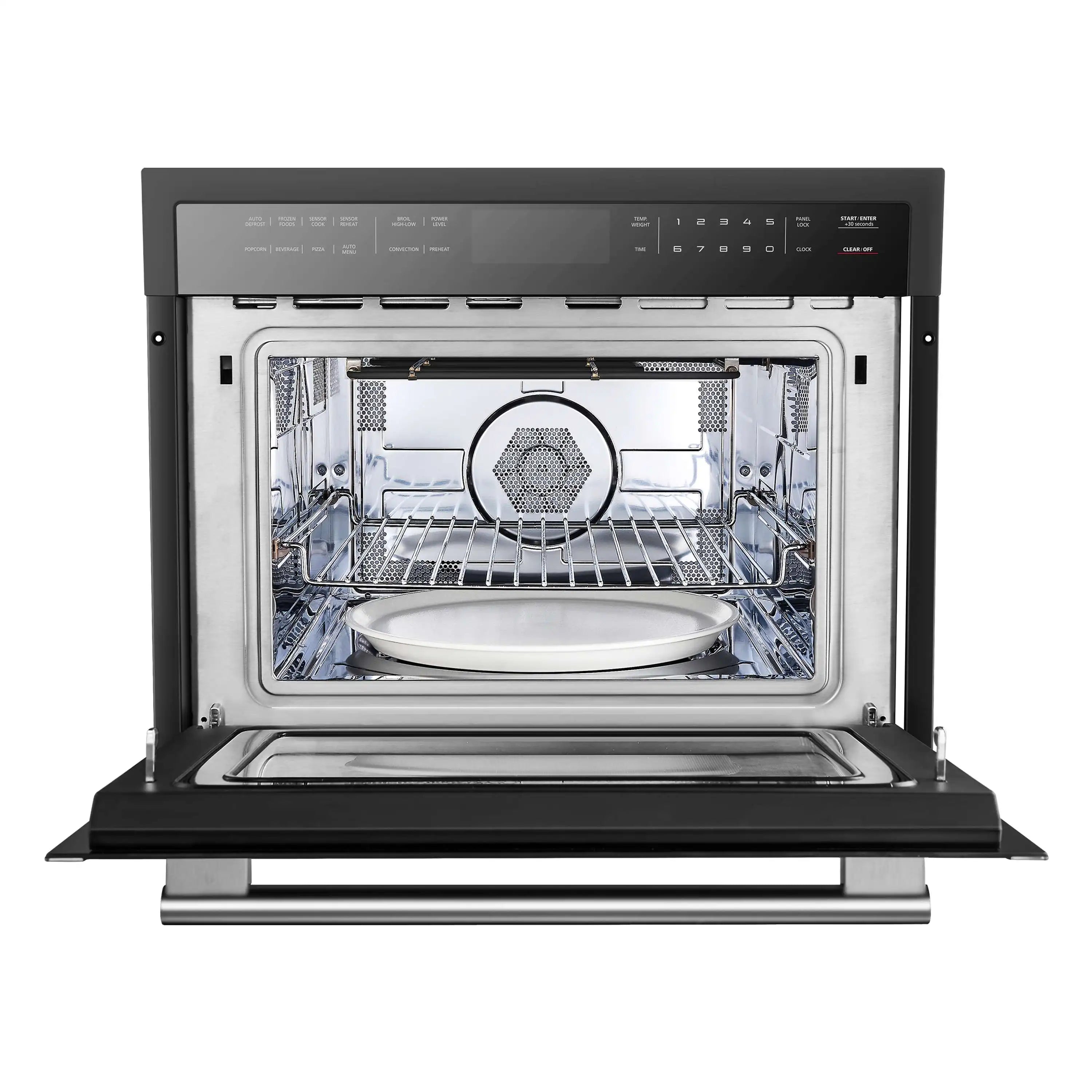 Black built-in oven with door open and wire rack inside, stainless trim