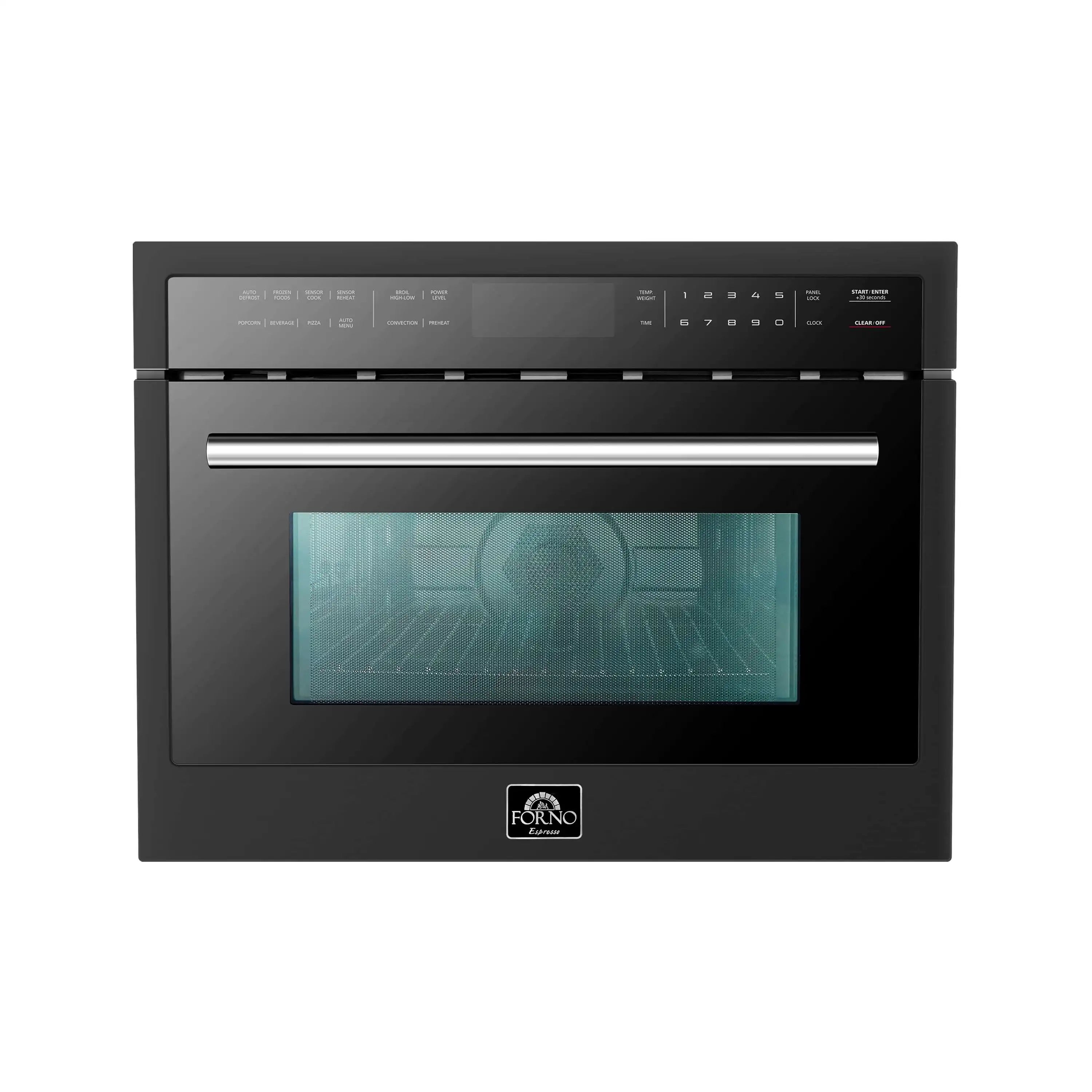 Black built-in microwave oven with glass display window and stainless handle, door closed