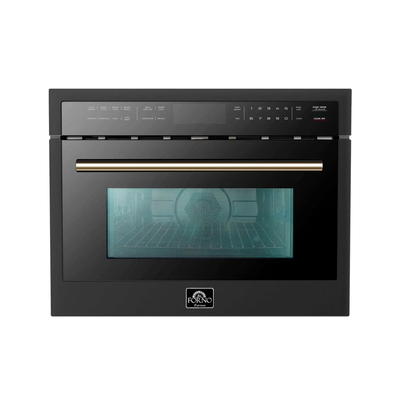 Forno 5-Piece Appliance Package - 30-Inch Gas Range, Under Cabinet Range Hood, Refrigerator with Water Dispenser, Dishwasher, and 24-Inch Microwave Oven in Black with Antique Brass Trim