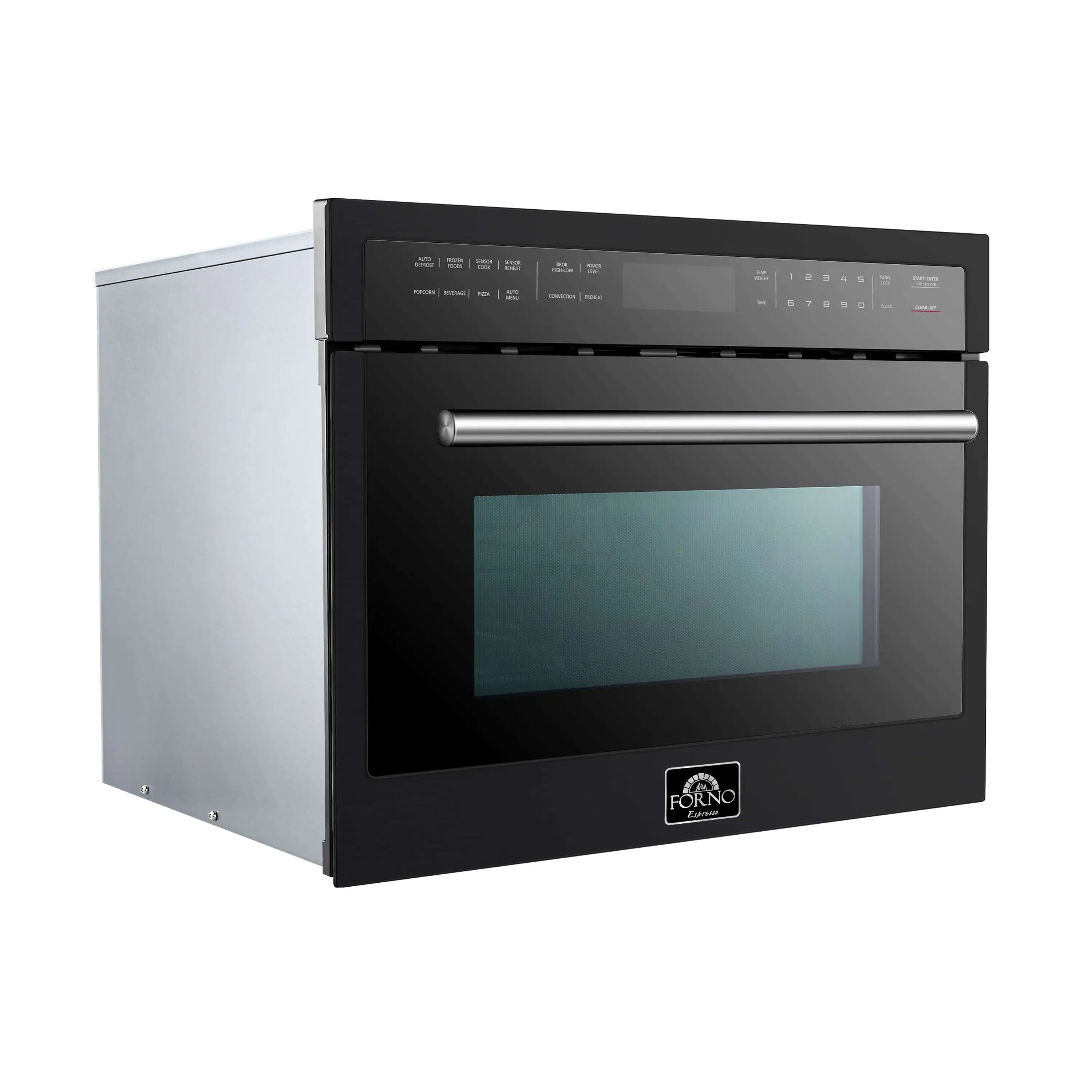 Black built-in microwave oven with stainless handle and control panel, door closed