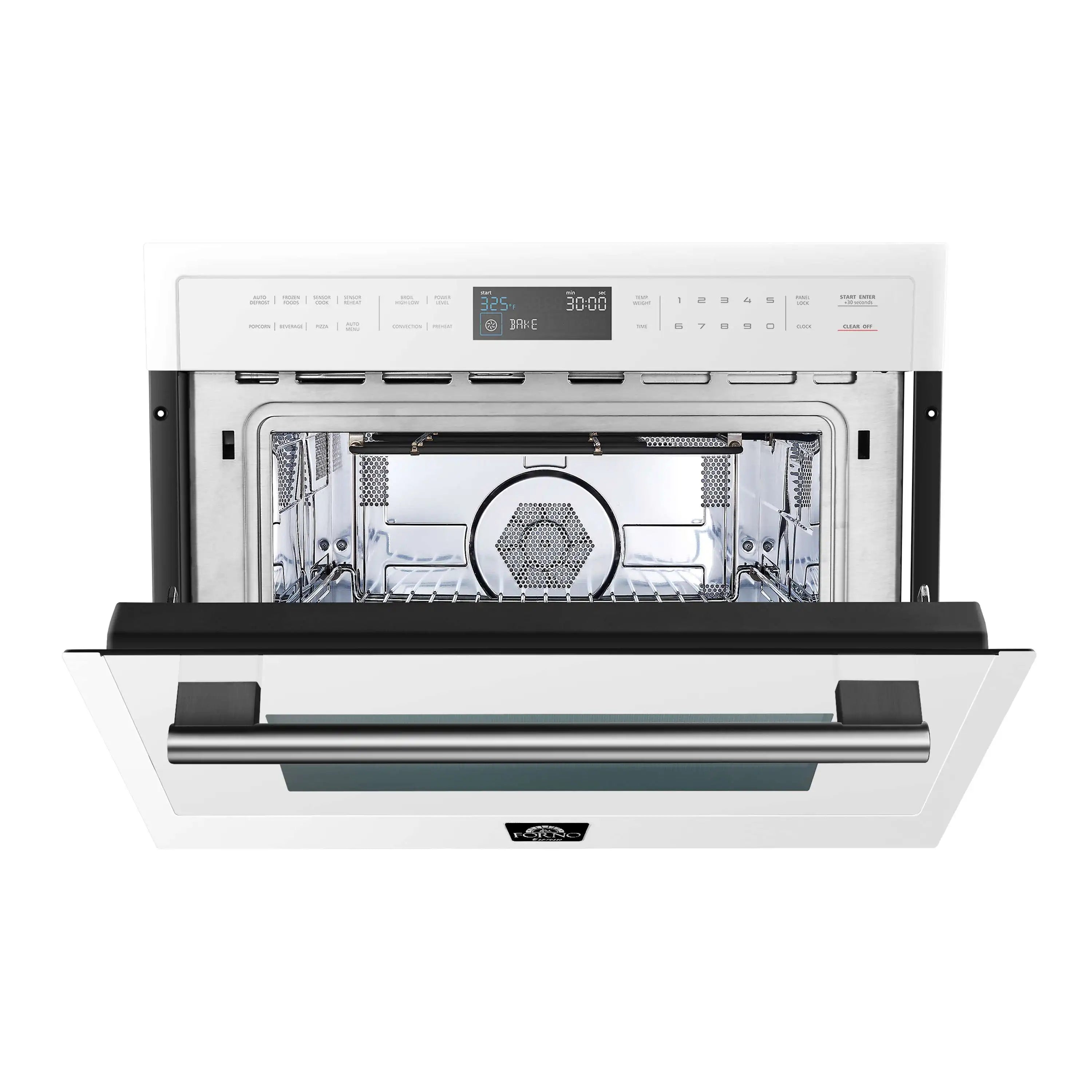 Built-in dishwasher door open with racks, white exterior and dark front panel