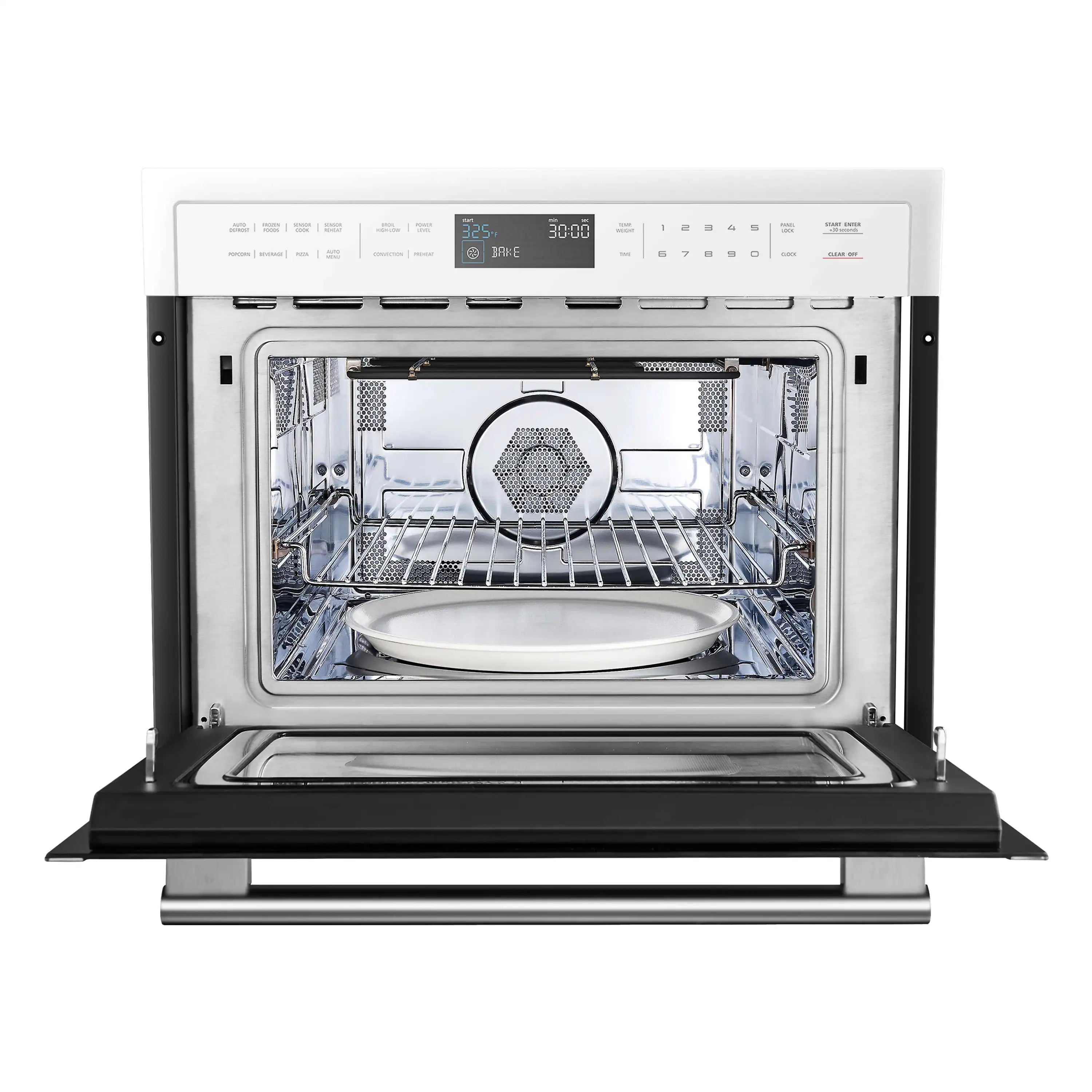 Microwave oven door open, showing turntable on metal rack and interior walls