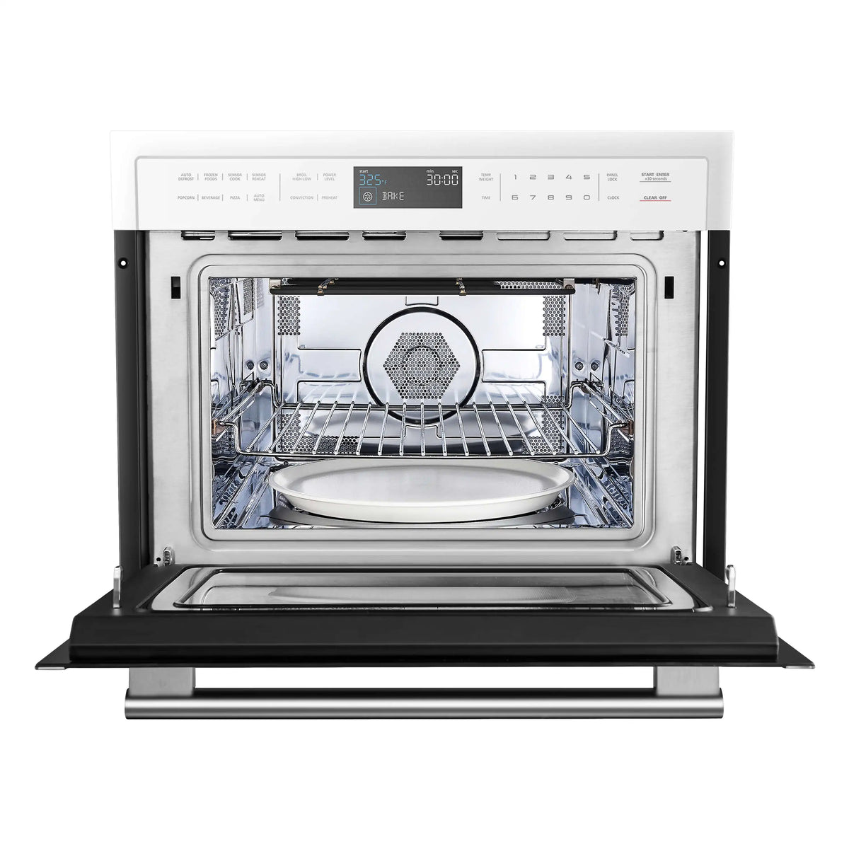 White built-in microwave oven with door open and circular turntable inside
