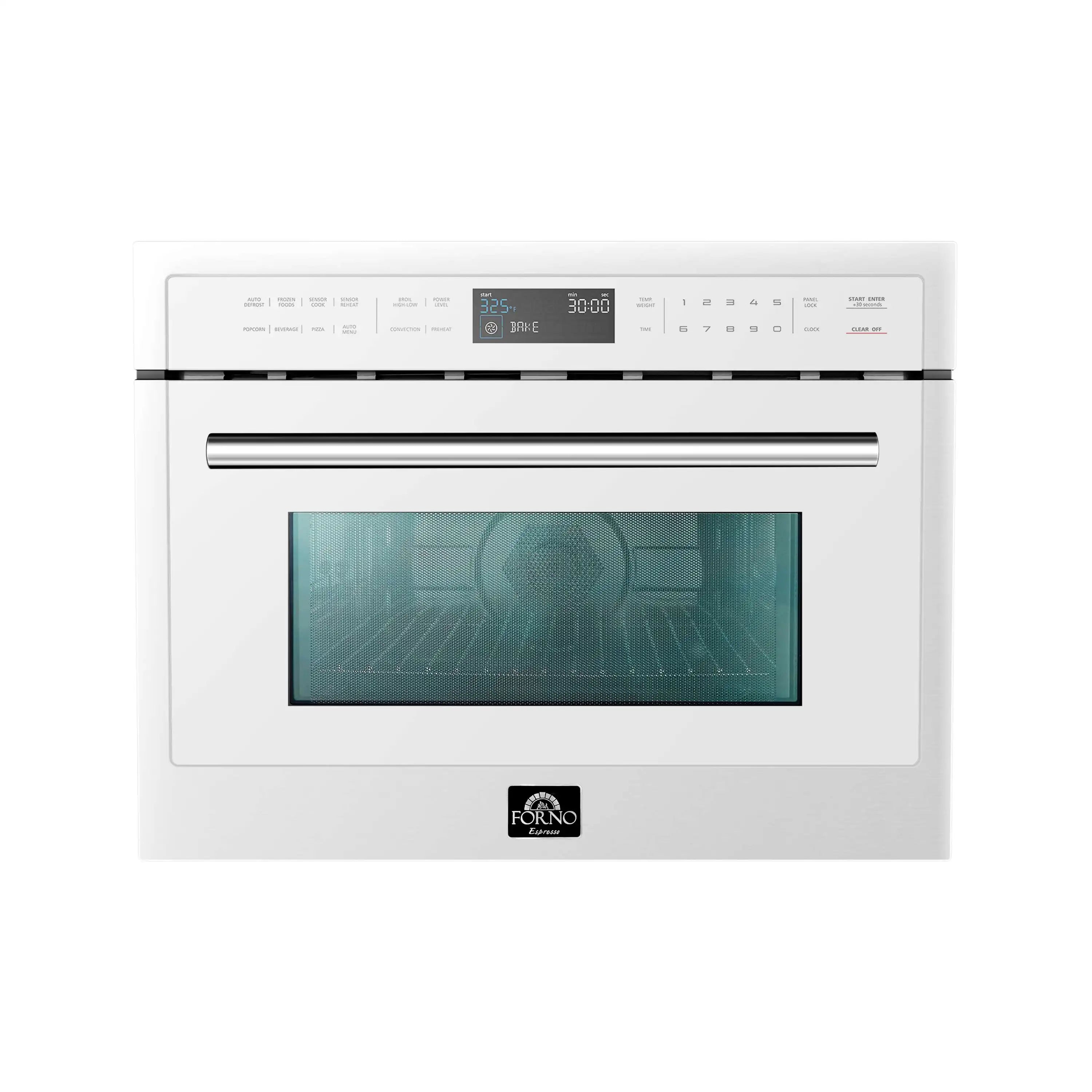 White microwave oven front with stainless steel handle and dark tinted door window