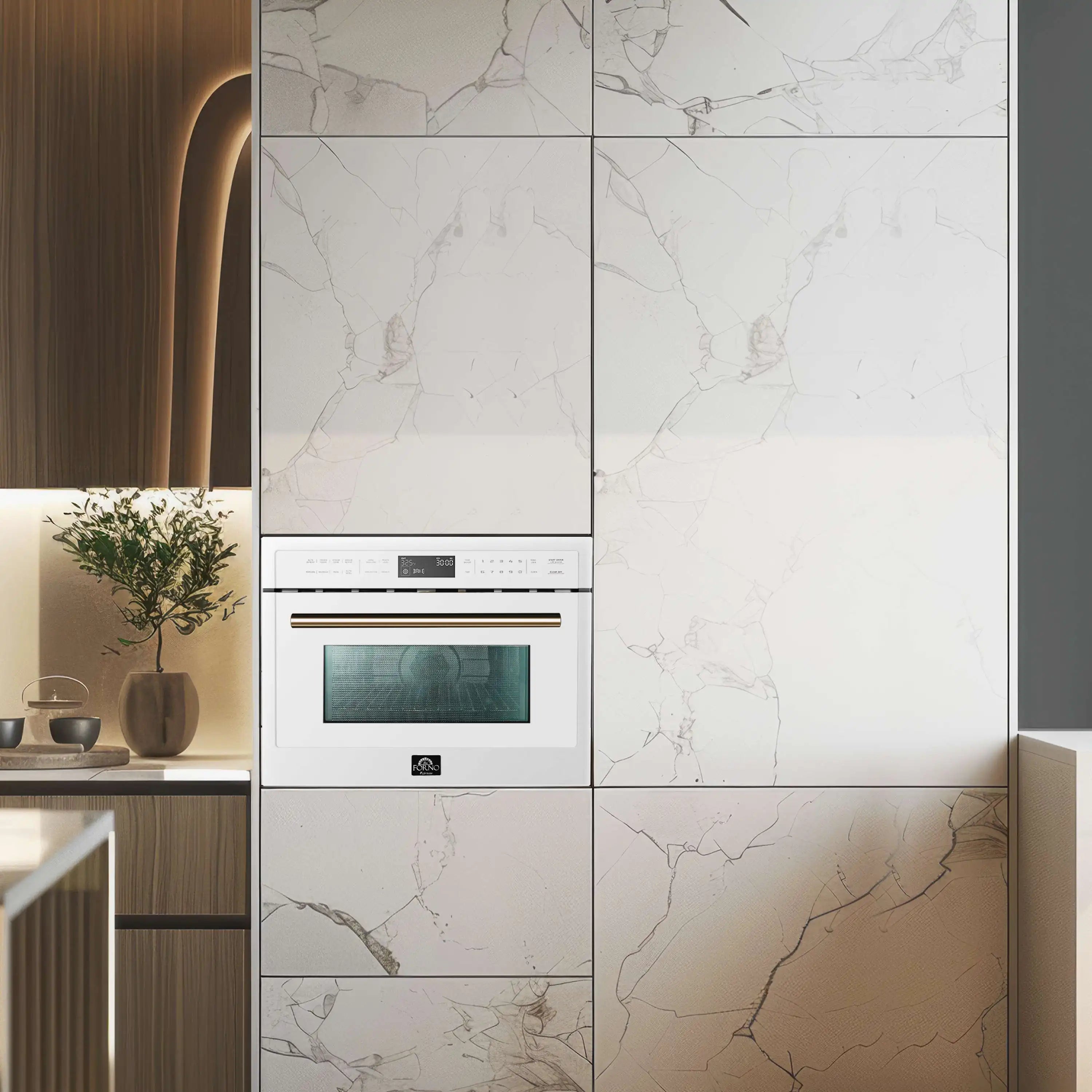 White built-in microwave oven with dark window and control panel, installed in cabinetry