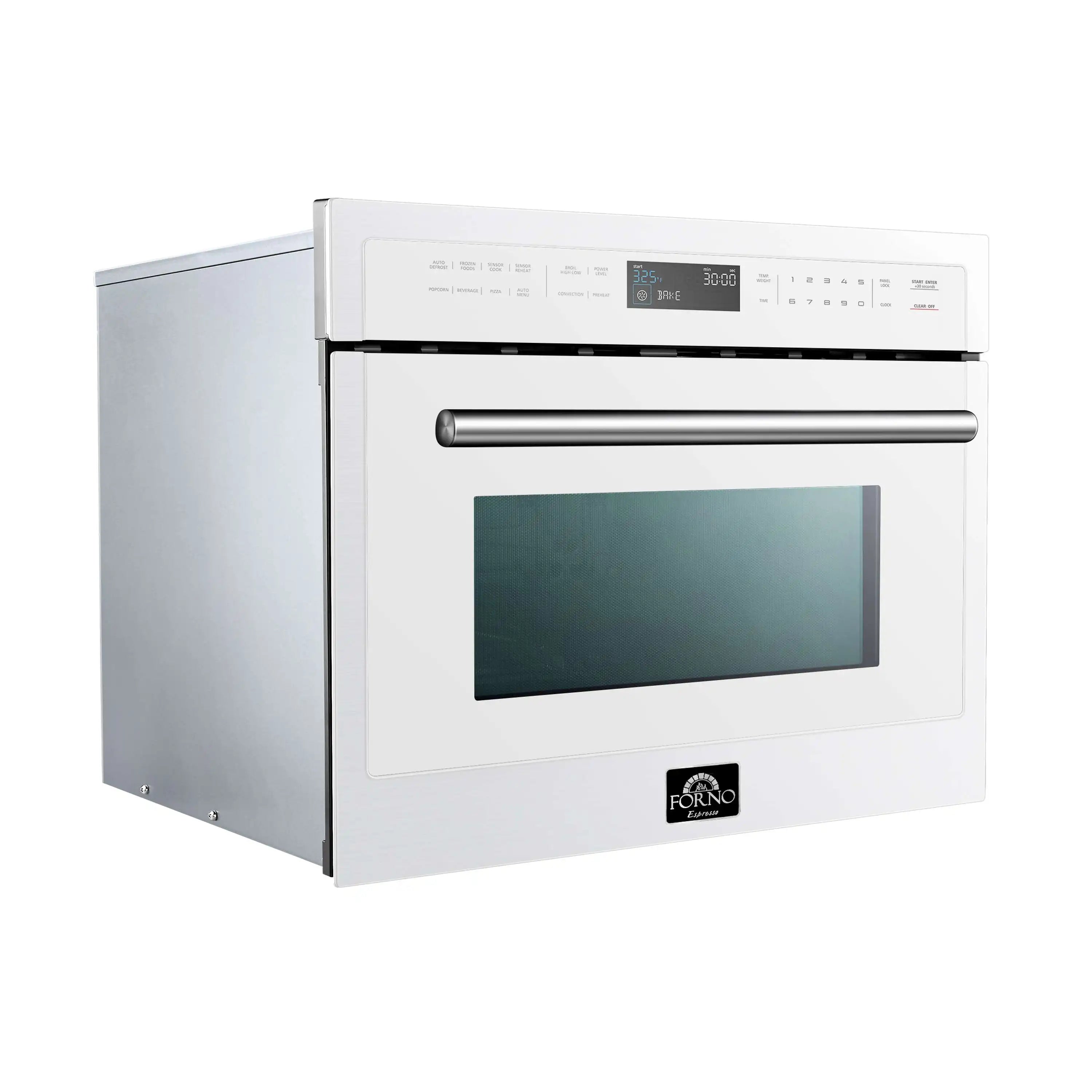 White built-in microwave oven with stainless side trim and open control panel