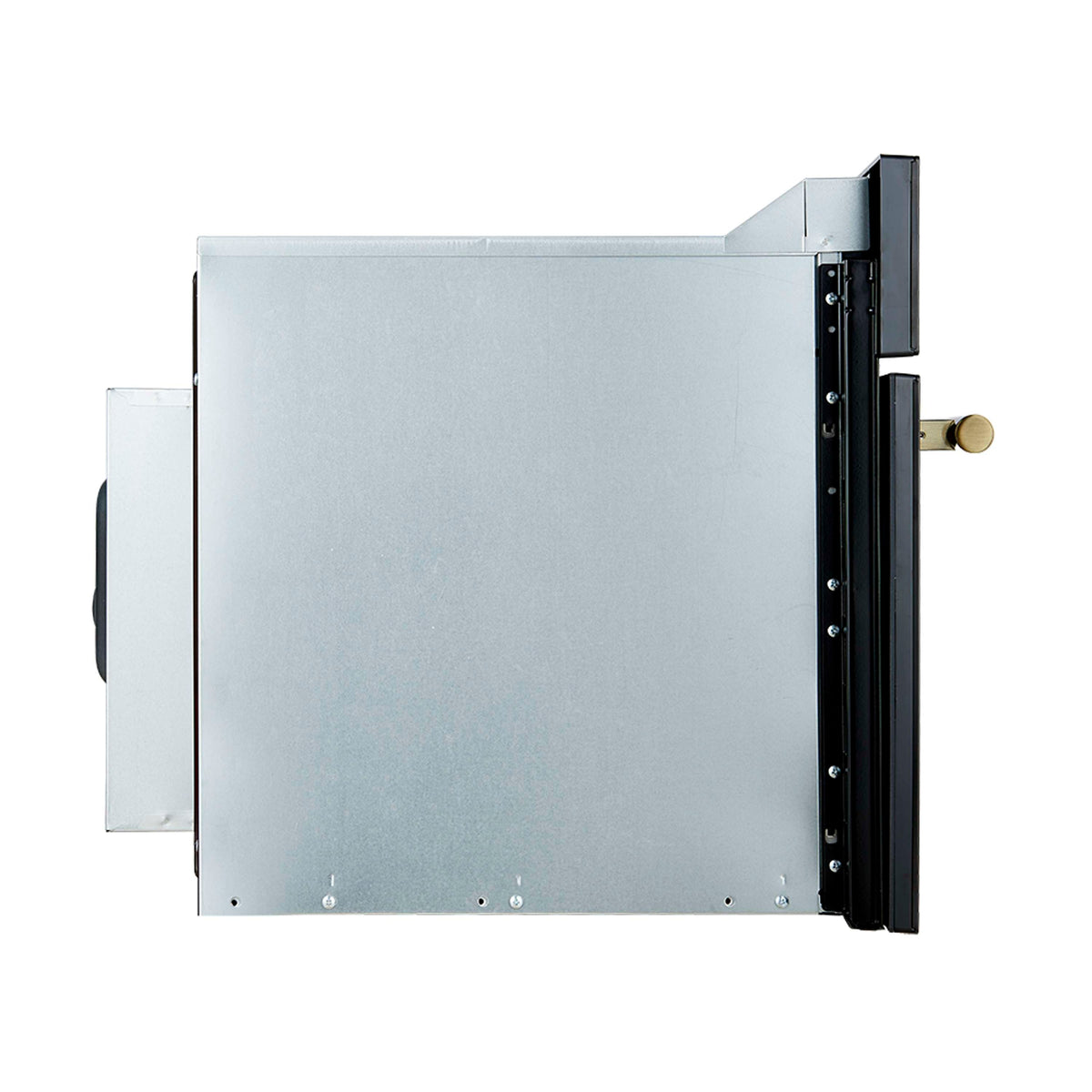 Black wall oven door with stainless steel handle and hinge details