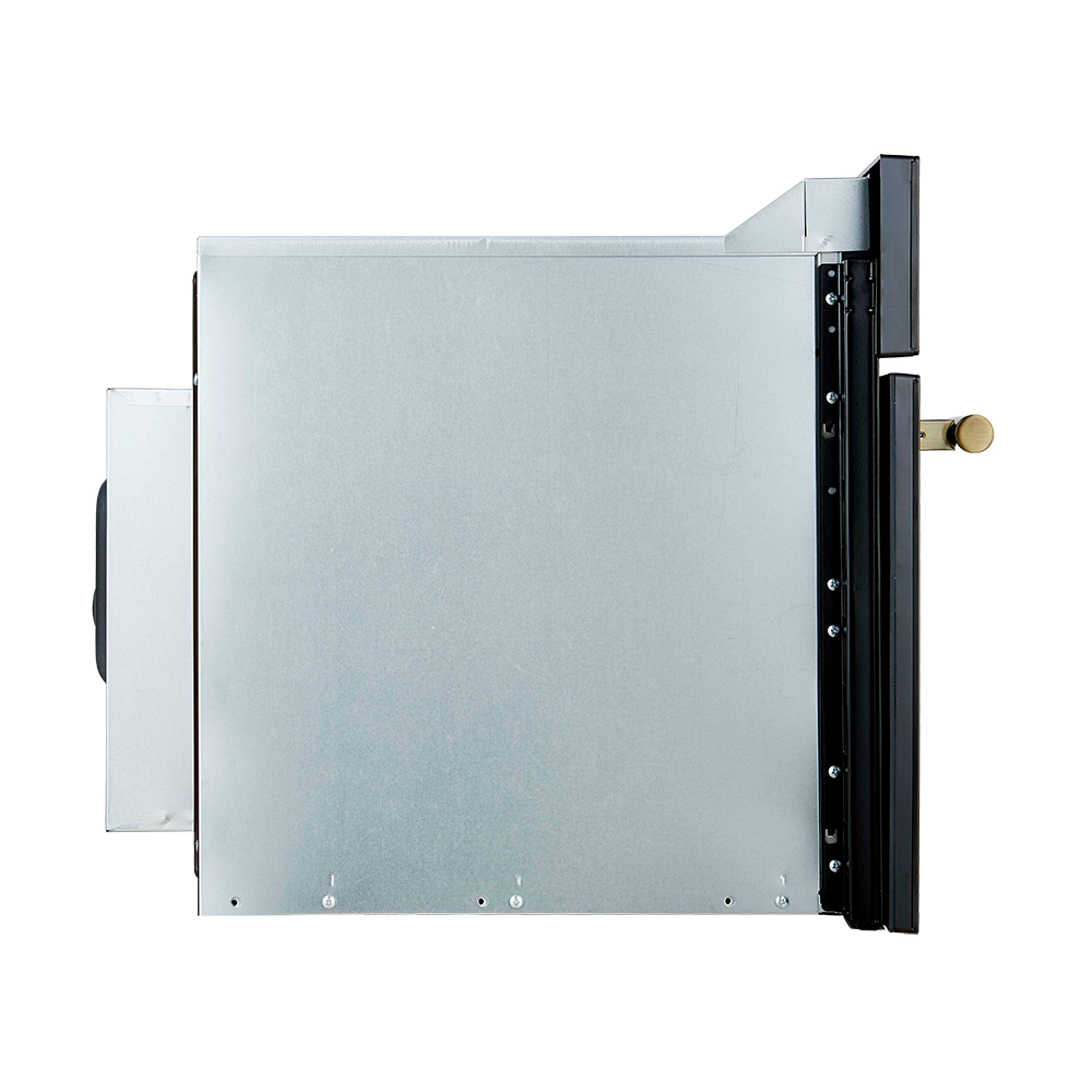 Refrigerator door exterior panel with black edge and round gold handle knob