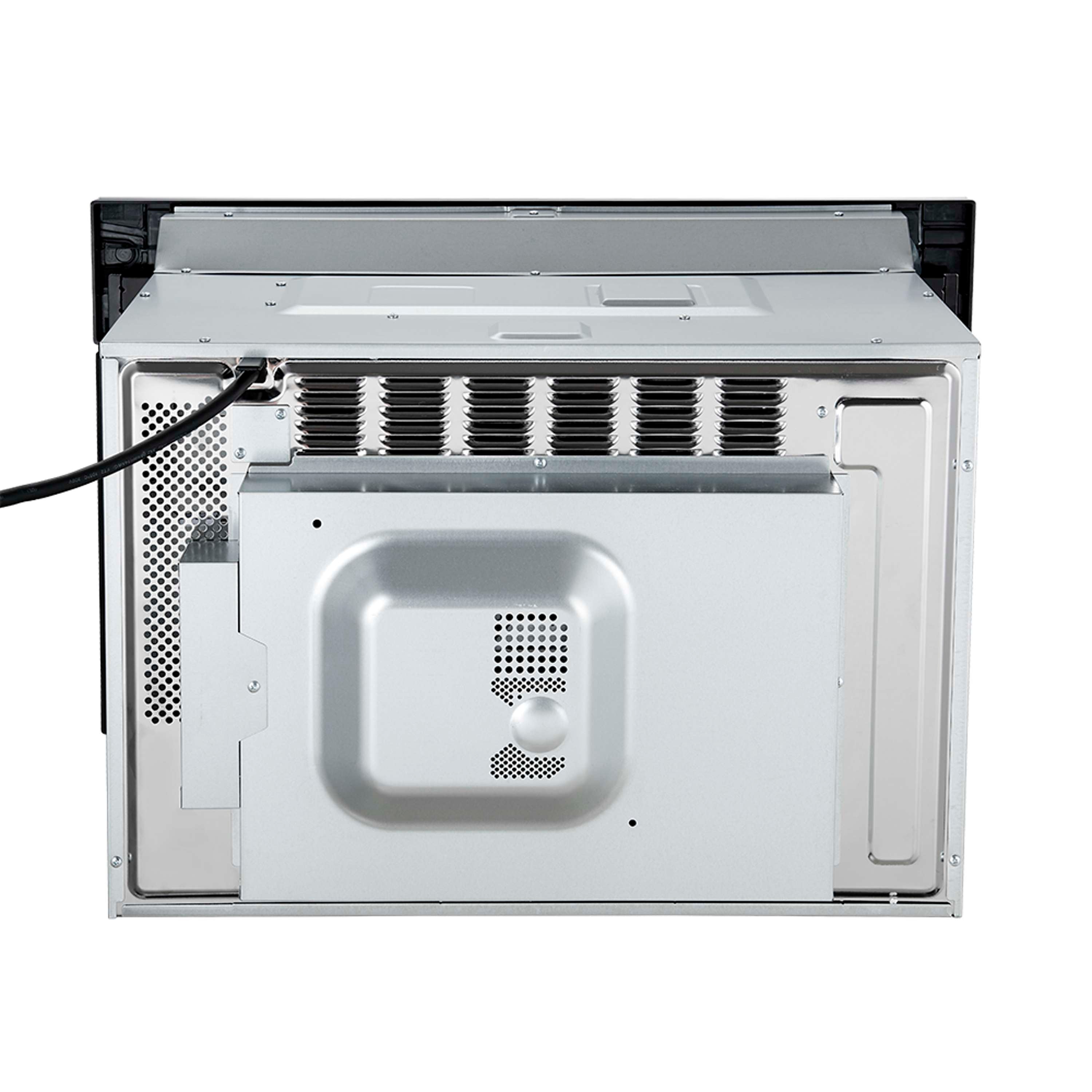 Microwave oven interior with vented cavity and exposed waveguide cover
