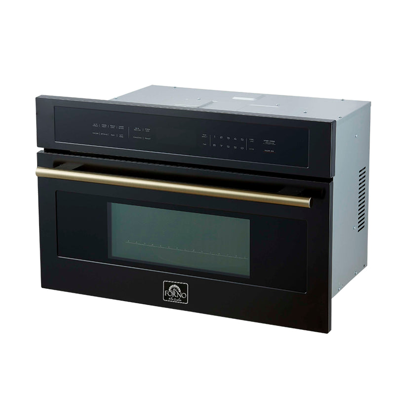 Forno Galiano 5-Piece Appliance Package - 36-Inch Gas Range, 36-Inch Hood, 36-Inch Refrigerator, 24-Inch Dishwasher, & 30-Inch Microwave Oven in Black with Antique Brass Trim