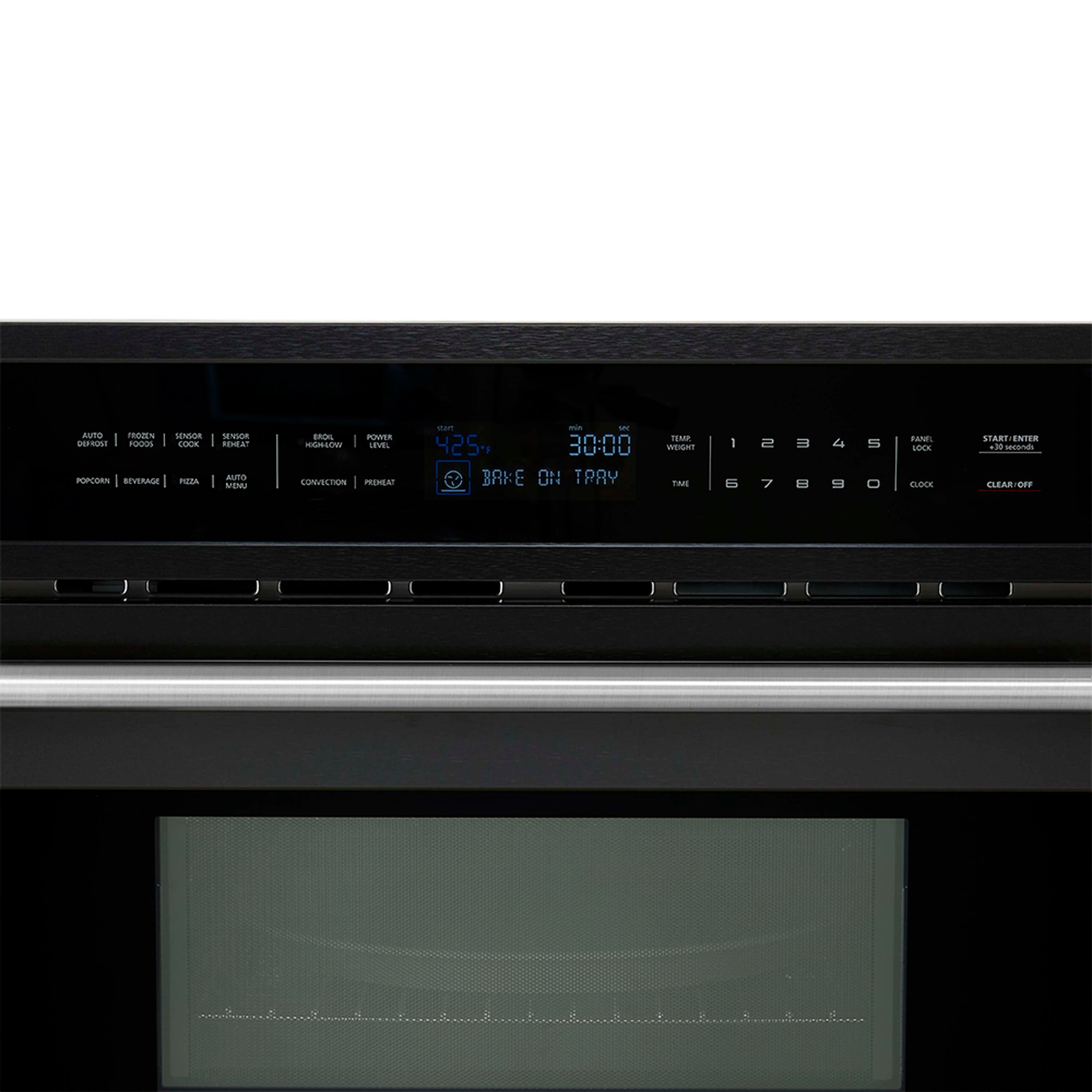 Black range cooktop control panel with digital display and button labels