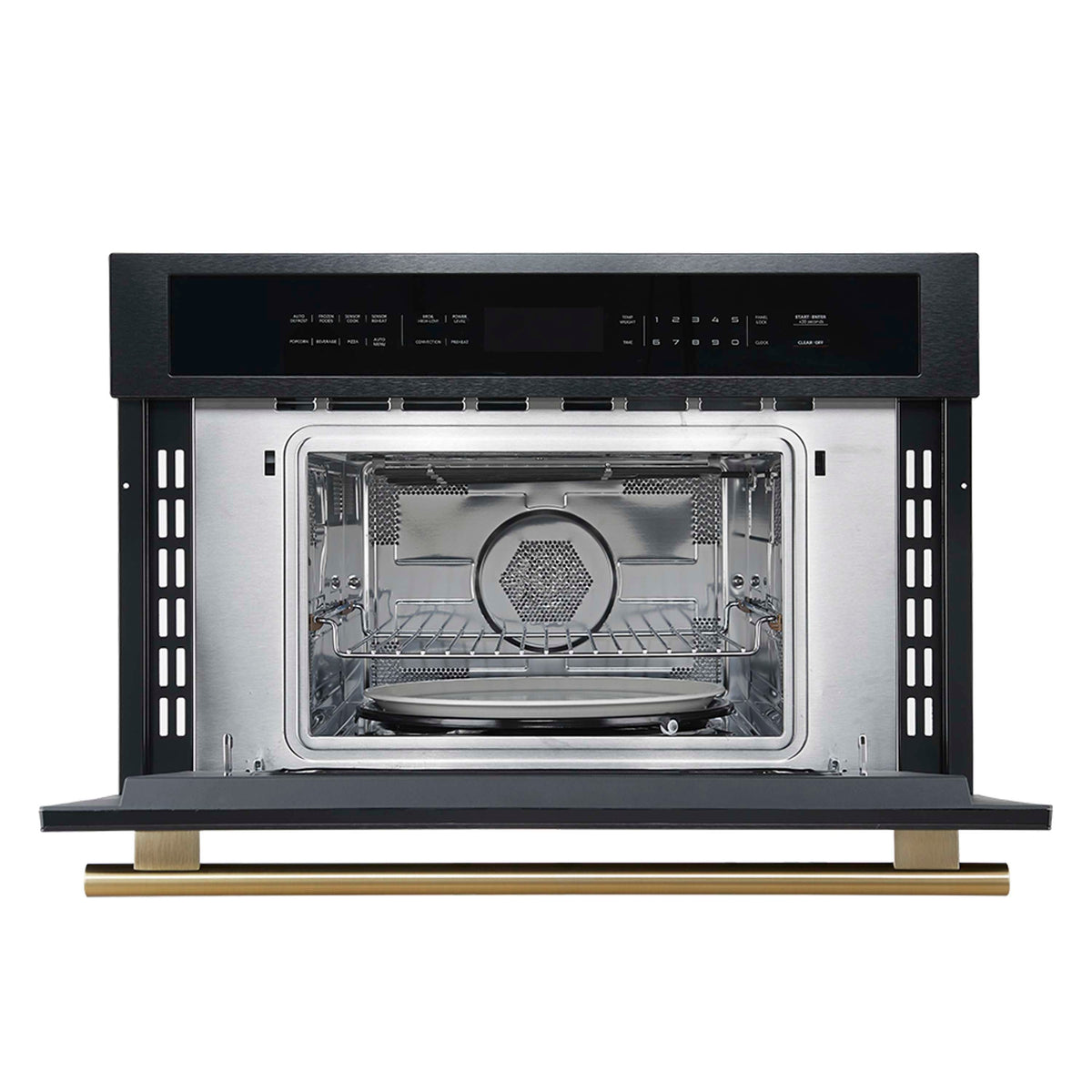 Black gas range open oven door showing racks and burner