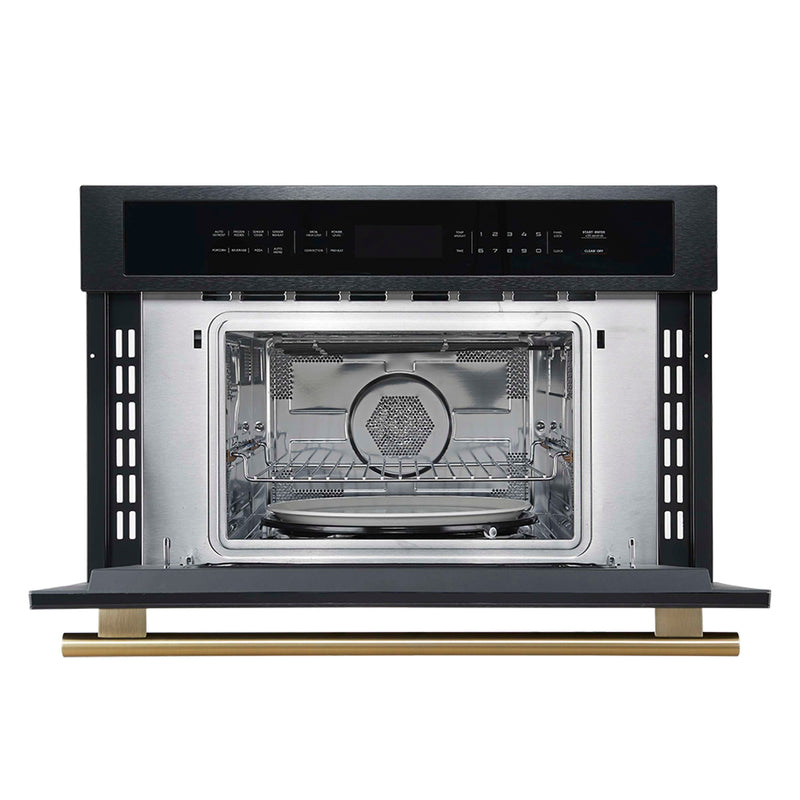 Forno 5-Piece Appliance Package - 30-Inch Electric Range, Under Cabinet Range Hood, Refrigerator with Water Dispenser, Dishwasher, and 30-Inch Microwave Oven in Black with Antique Brass Trim