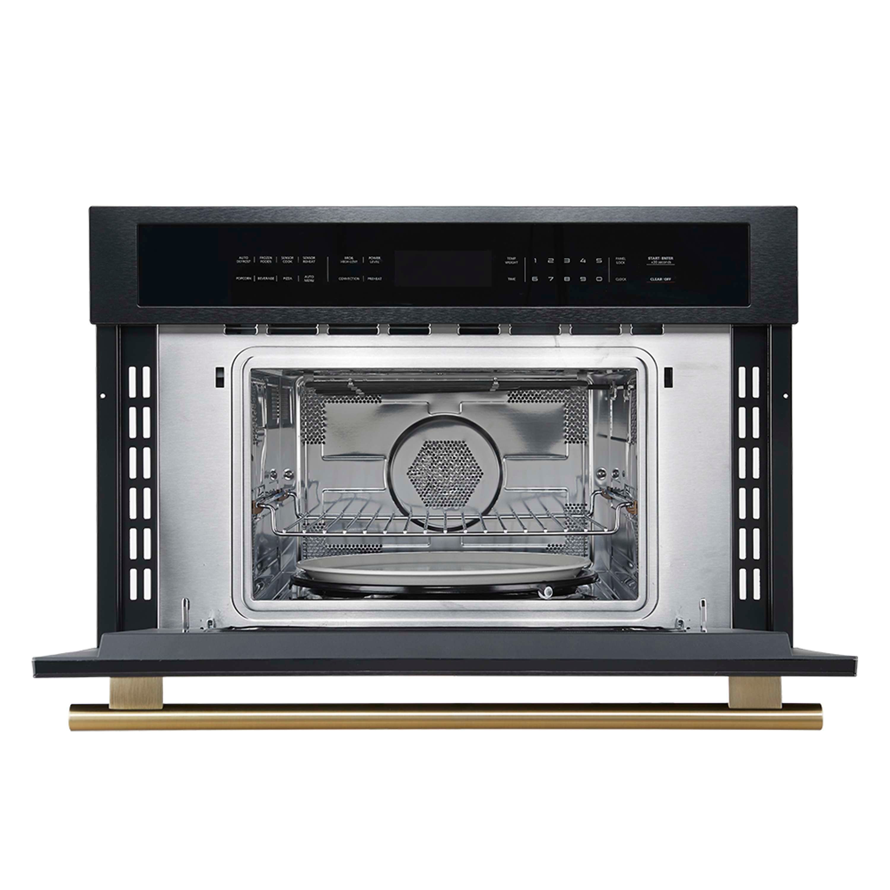 Black gas range oven door open with stainless-steel racks and burner cover