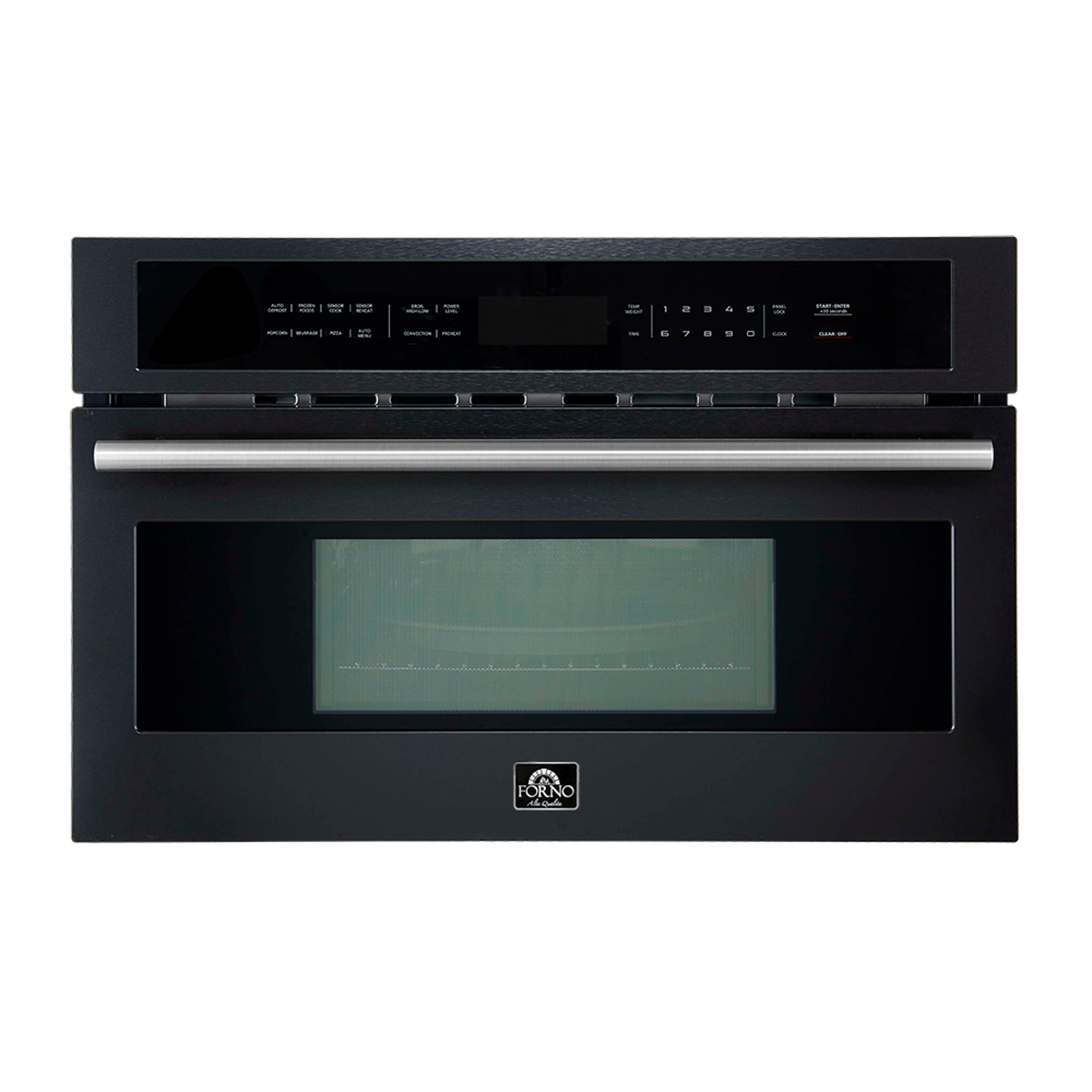 Black built-in microwave oven with display window and control keypad