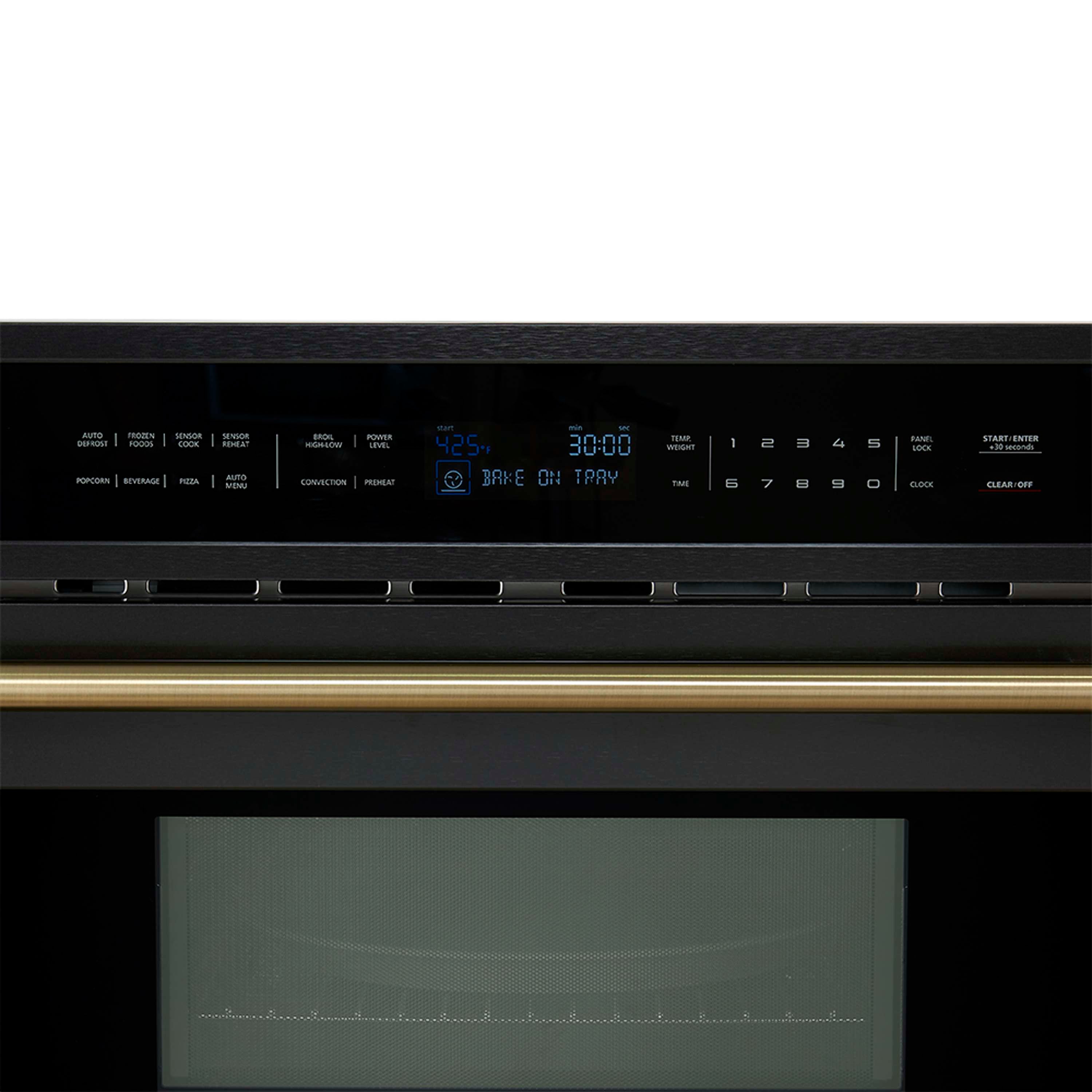 Black oven control display with blue digital numbers and gold trim handle
