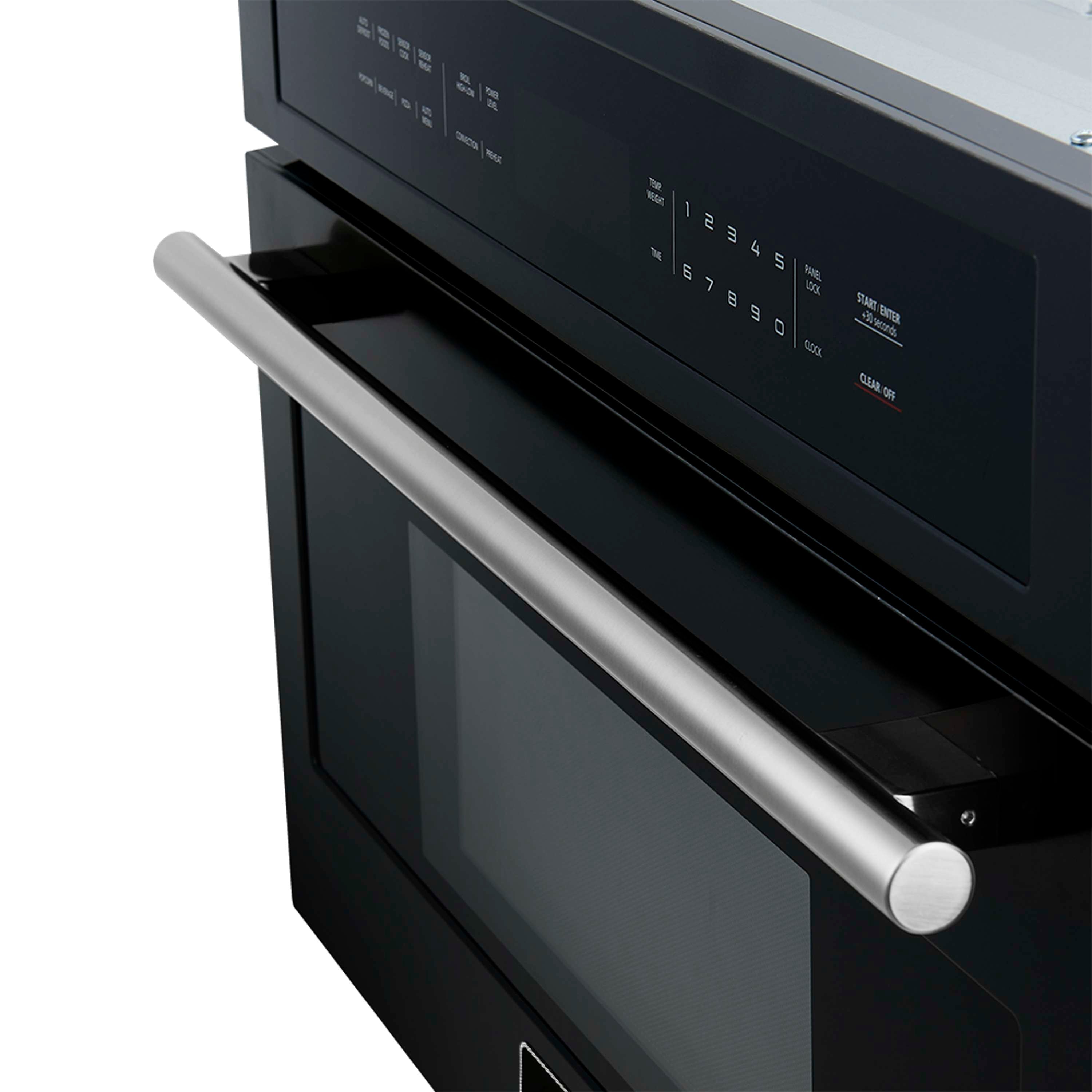 Black oven front with stainless handle and digital control panel