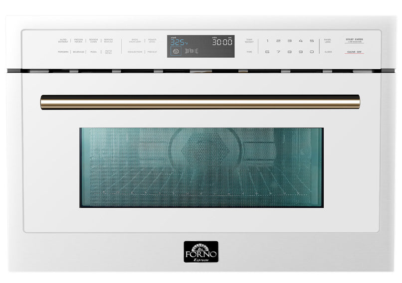 White microwave oven with brass handle, blue display window and control panel