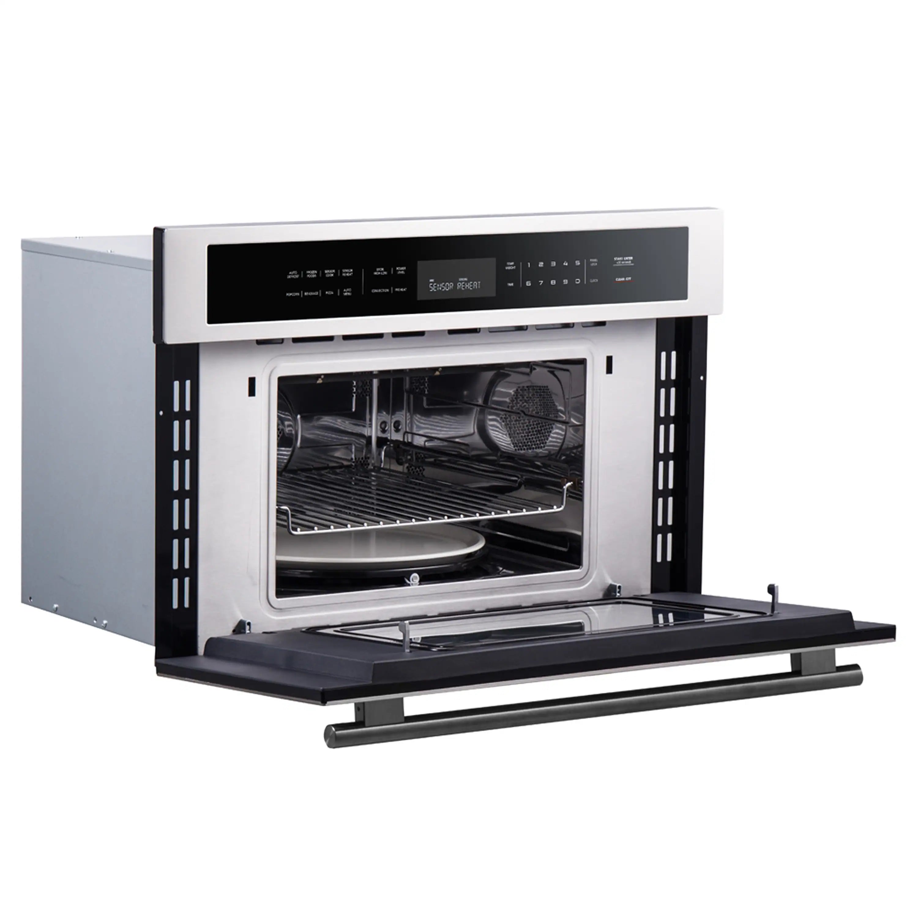 Stainless steel single wall oven with door open and black interior cavity