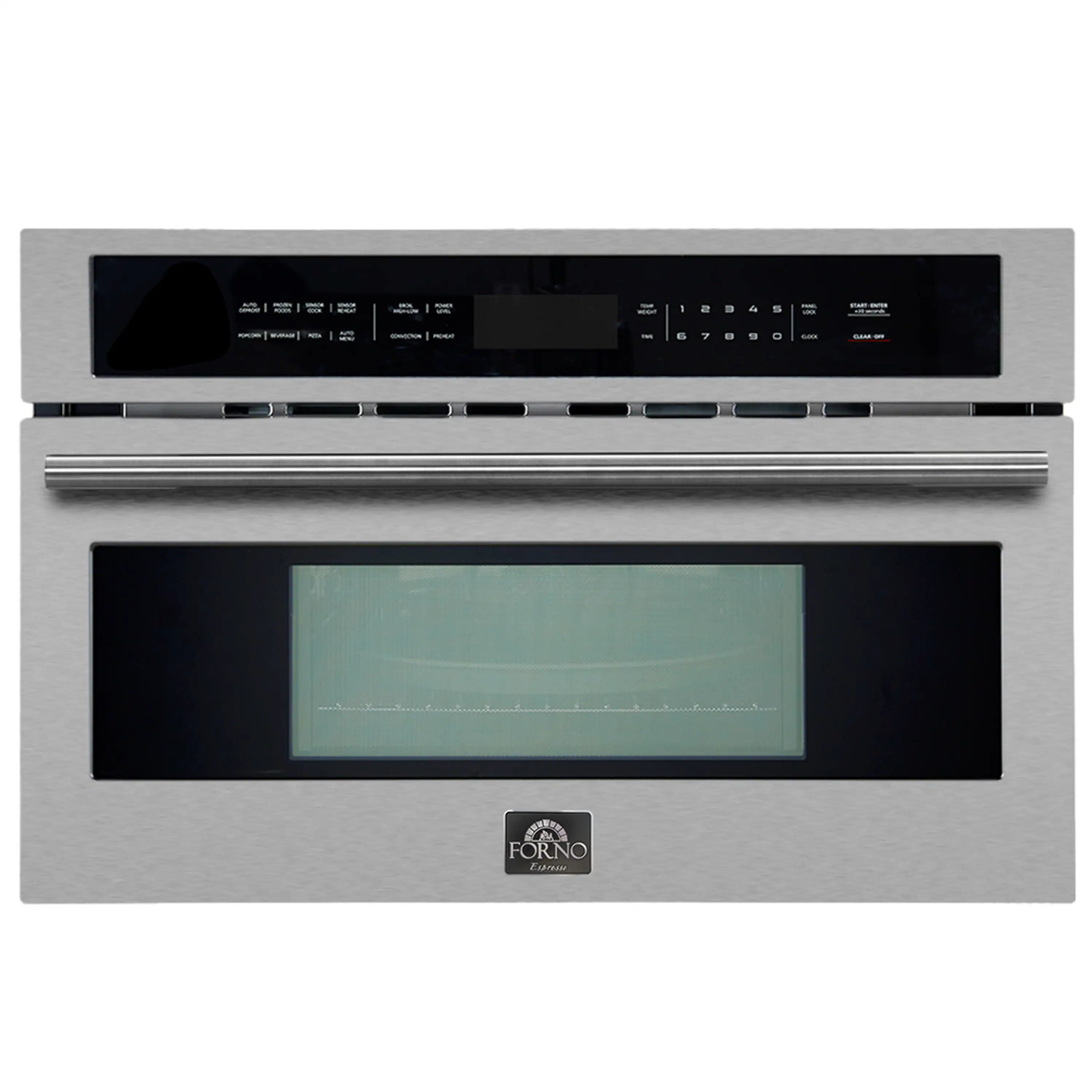 Stainless steel single wall oven front with digital control display and window