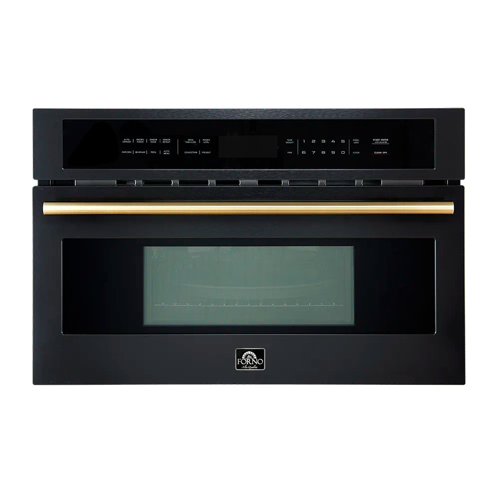 Black microwave oven with lit display window and antique brass trim bar.