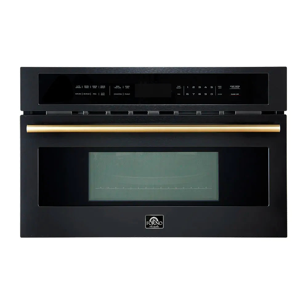 Black built-in microwave oven with gold handle and LCD display window