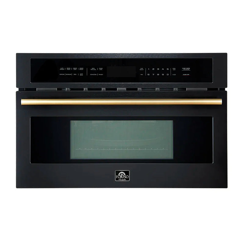 Forno Galiano 5-Piece Appliance Package - 36-Inch Dual Fuel Range, 36-Inch Hood, 36-Inch Refrigerator, 24-Inch Dishwasher, & 30-Inch Microwave Oven in Black with Antique Brass Trim