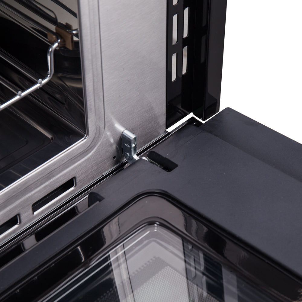 Stainless steel oven cavity with temperature probe port and interior rails