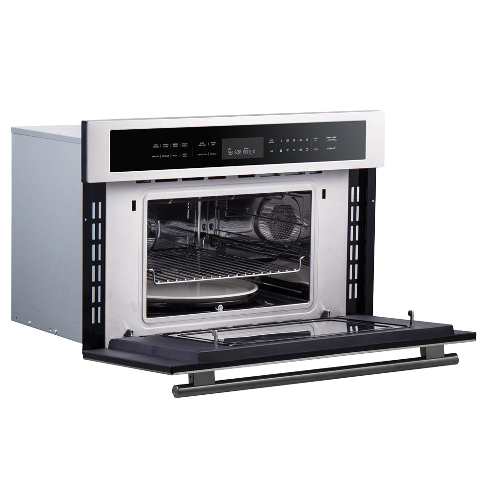 Stainless steel oven with open door, wire rack, and black interior