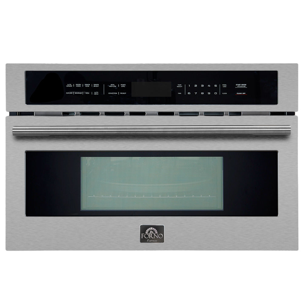 Built-in microwave oven front with stainless steel trim and control panel