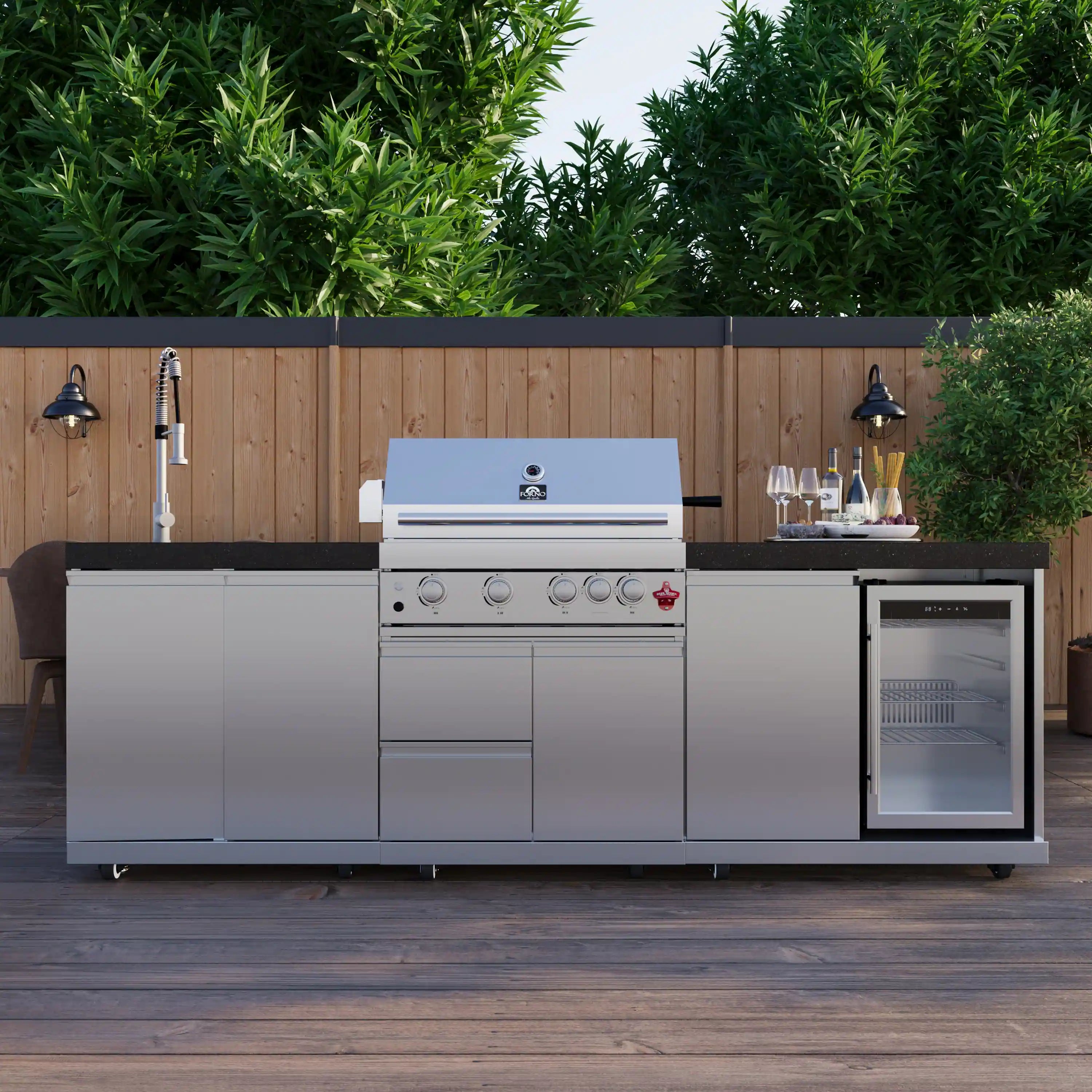 Outdoor gas grill with black countertop, side storage cabinets, and beverage center
