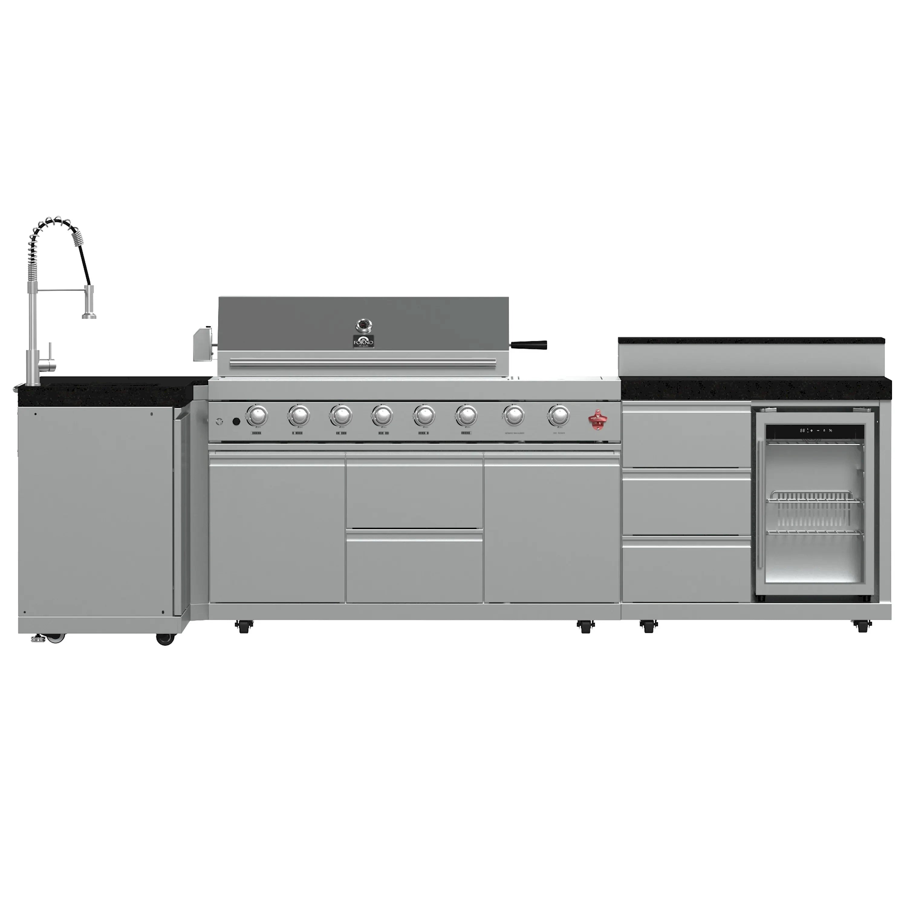 Outdoor stainless BBQ grill with 5 burner knobs, closed hood, side shelf, black countertop