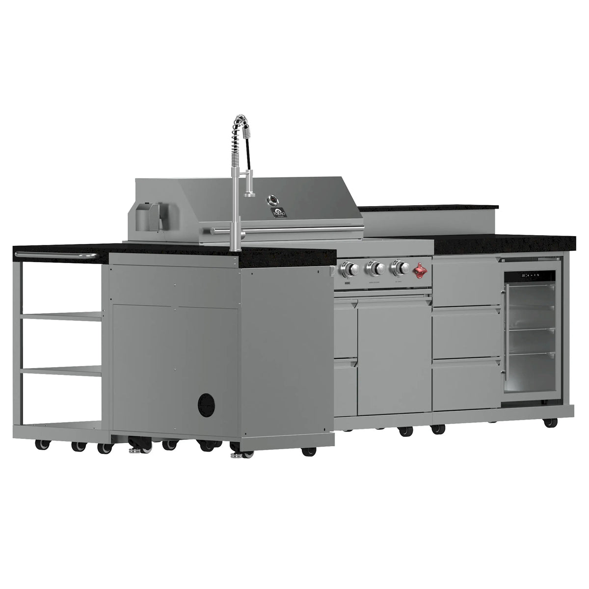 Outdoor stainless BBQ grill with side sear/rotisserie area, control panel, black countertop