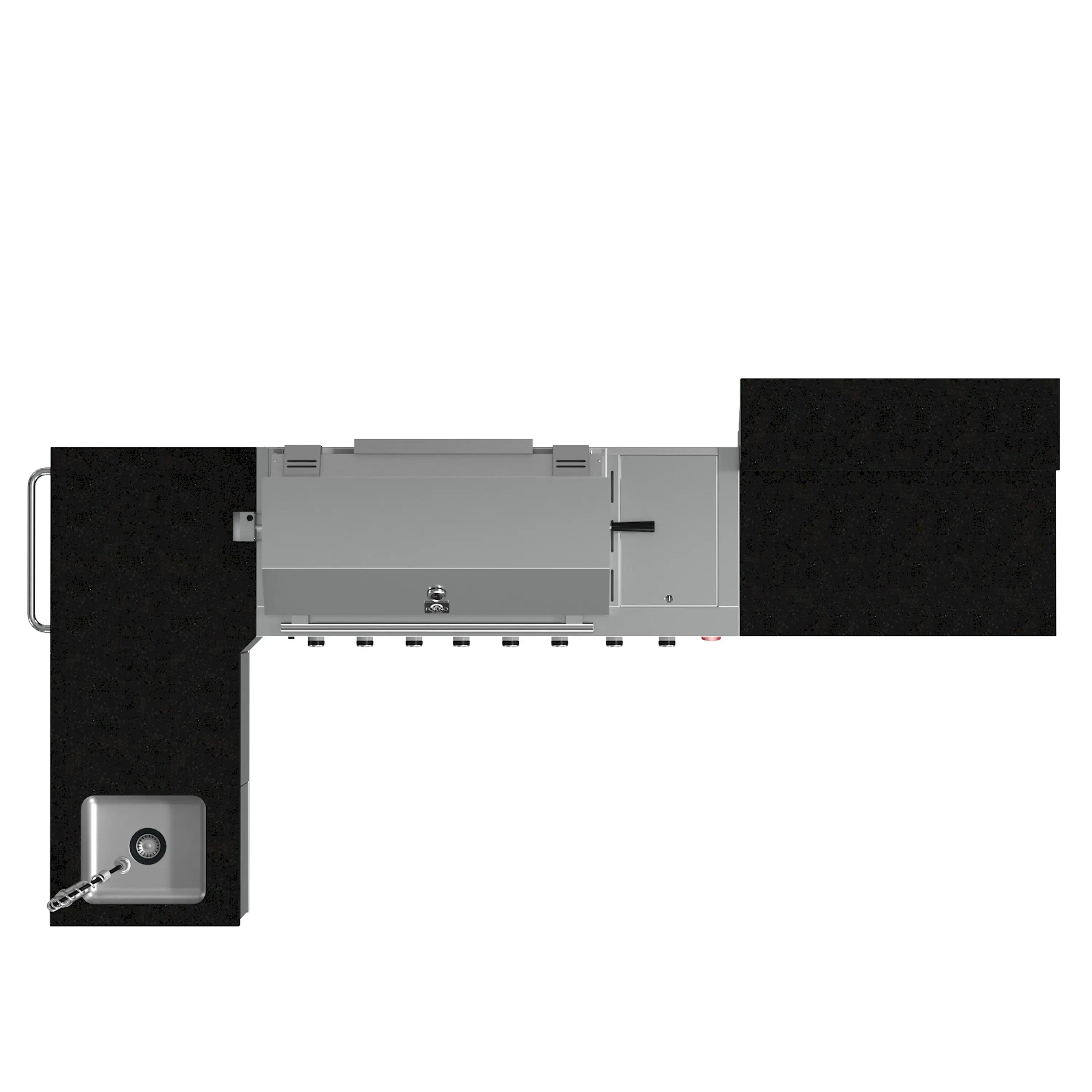 Outdoor BBQ grill side view with sink cutout and faucet, stainless cabinet doors, black countertop
