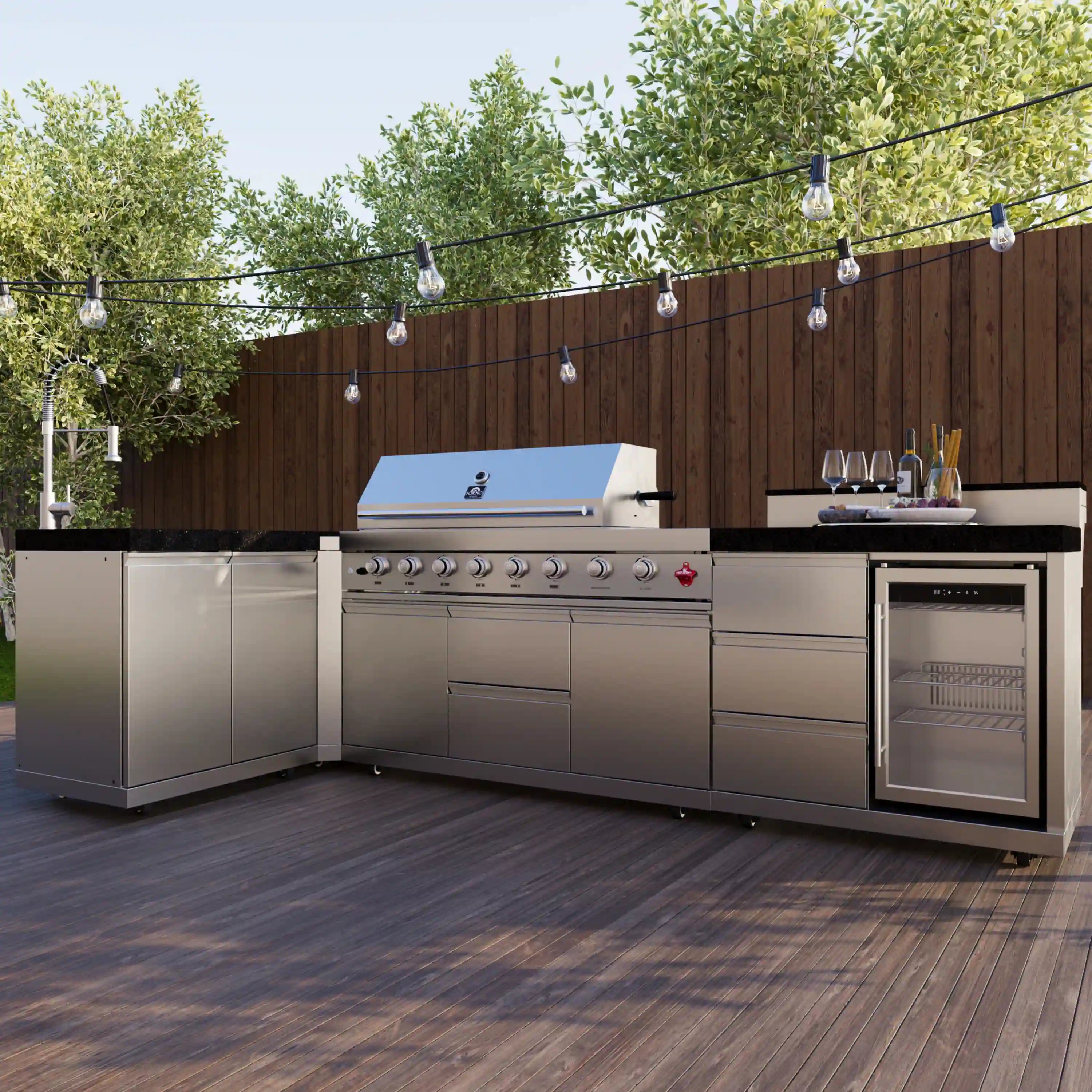 Outdoor stainless BBQ grill with black countertop, sink, side cabinets, hood with rotisserie