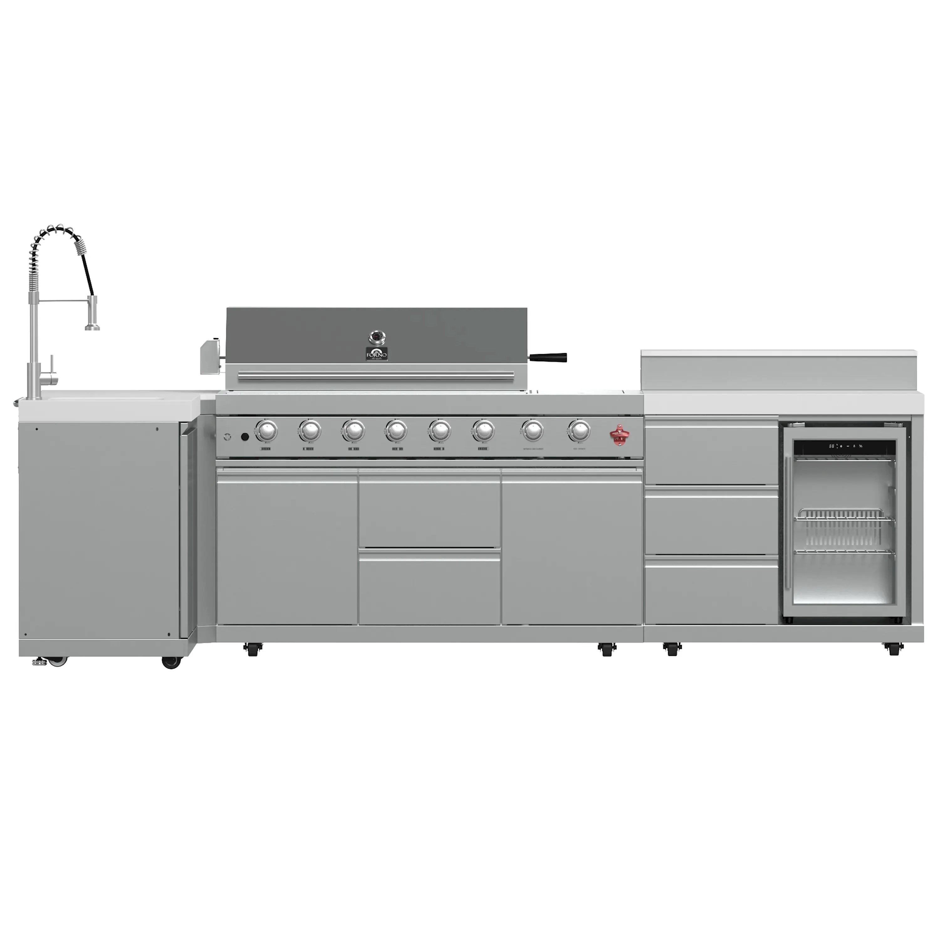 Stainless steel outdoor BBQ grill with front control knobs and enclosed side oven door