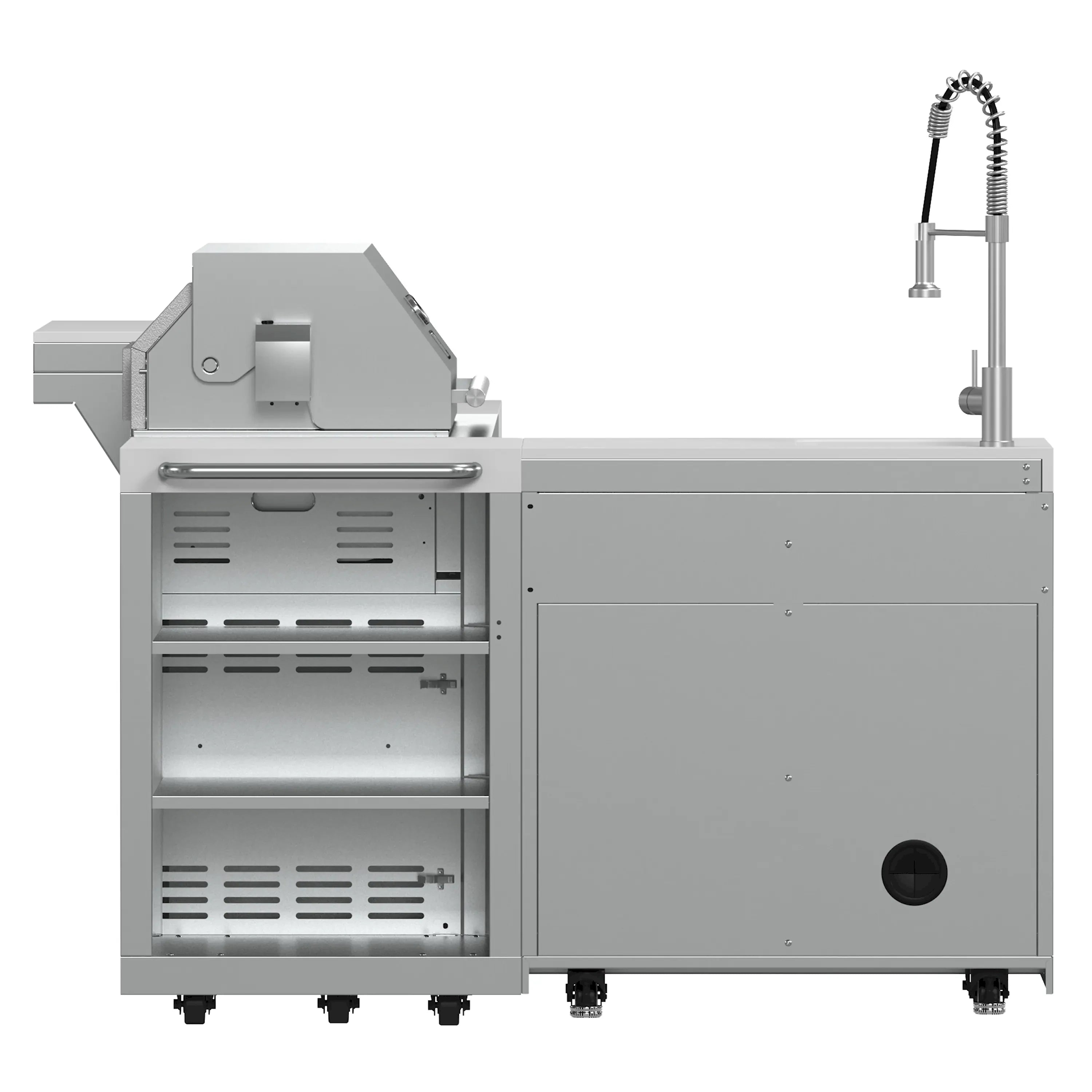 Stainless steel outdoor BBQ grill with side sink faucet and open cabinet storage