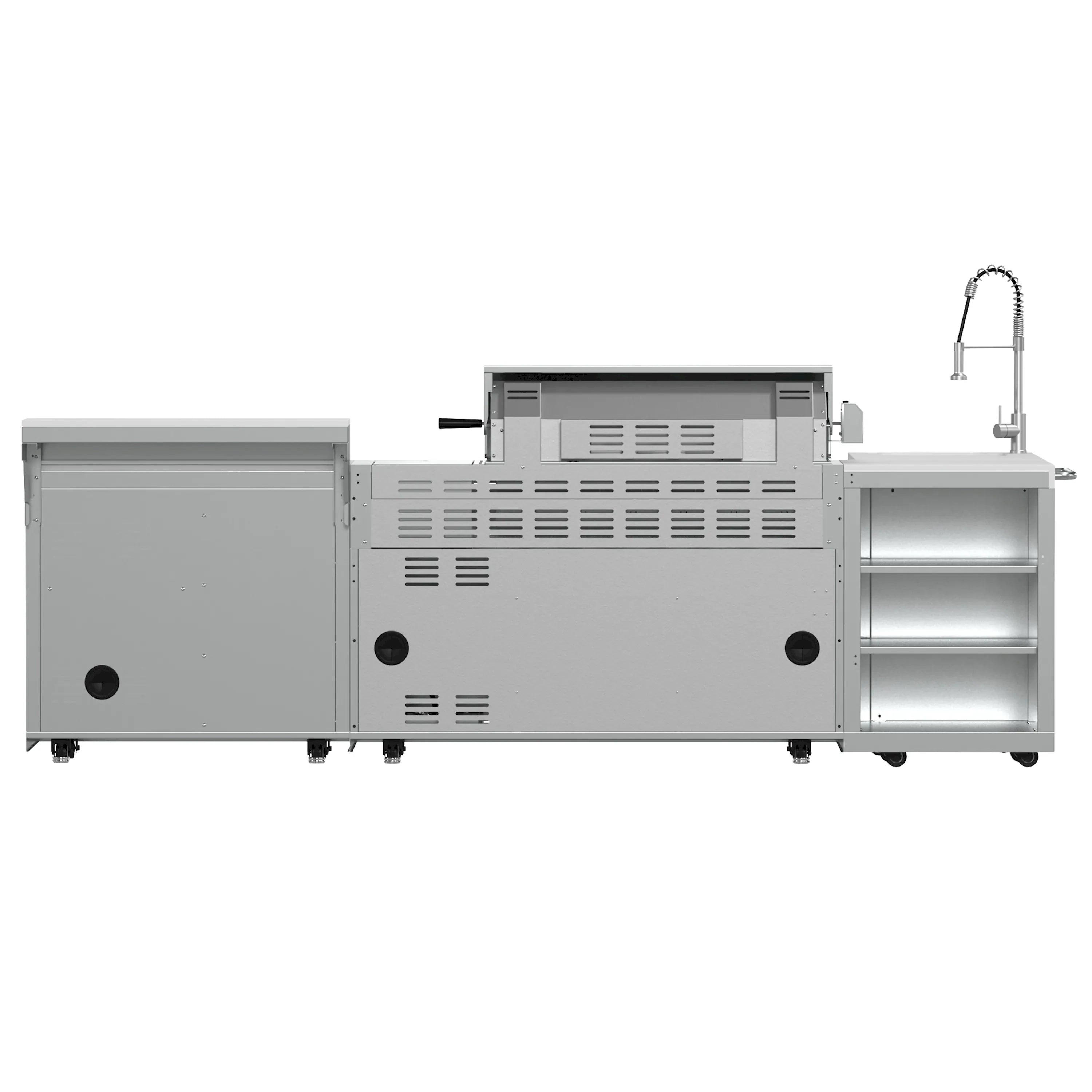 Stainless steel outdoor BBQ grill with side doors and three open warming shelves